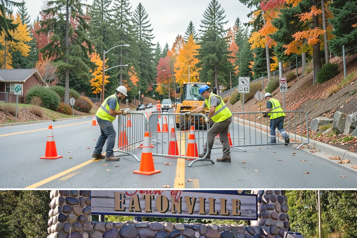 Detour Signage Setup in Eatonville, Pierce County, WA - Detour signing accompanies the summer roadwork season and is deployed rapidly for winter storm closures.