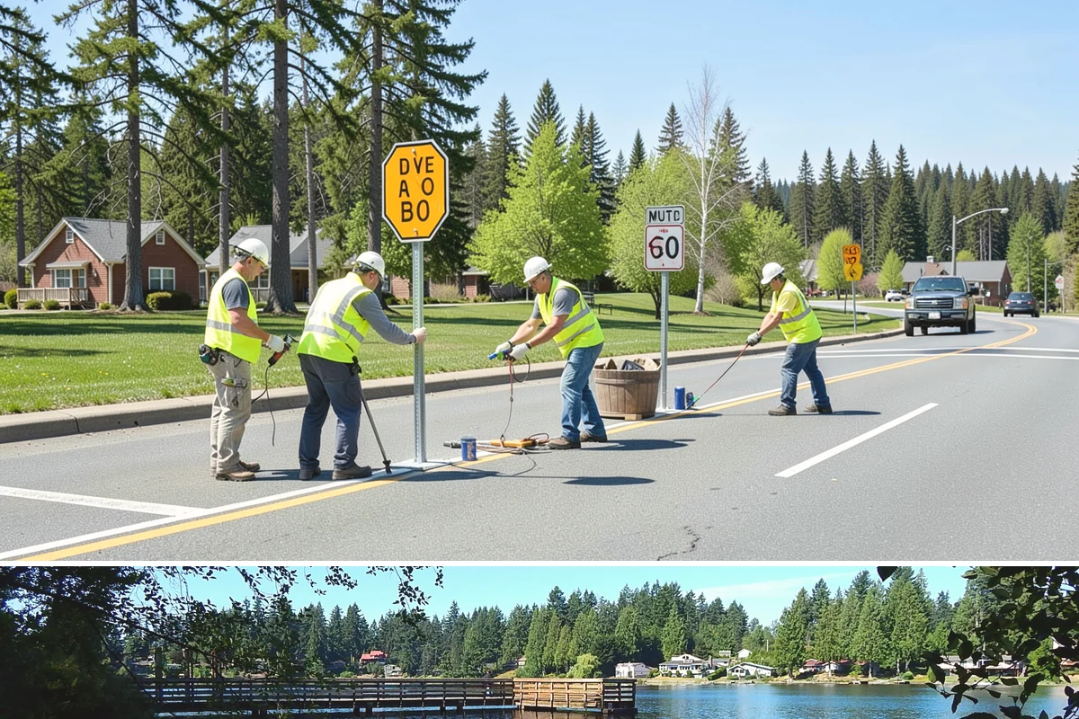 Detour Signage Setup in Federal Way, King County, WA - Detour signing accompanies the summer roadwork season and is deployed rapidly for winter storm closures.