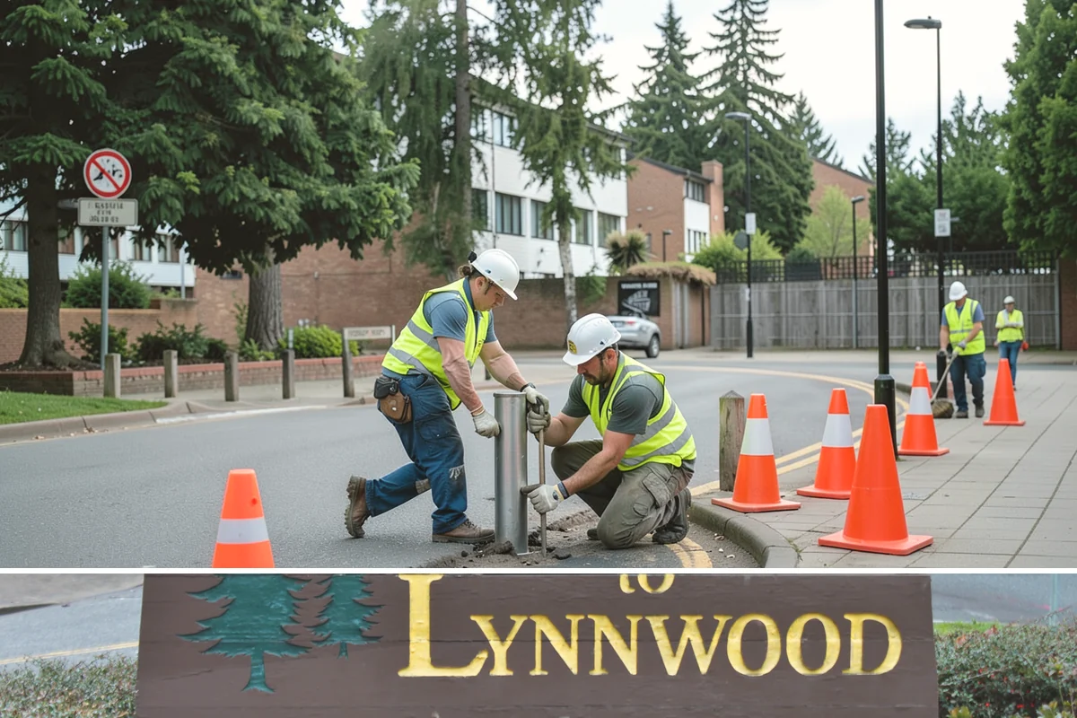 Detour Signage Setup in Lynnwood, Snohomish County, WA - Detour signing accompanies the summer roadwork season and is deployed rapidly for winter storm closures.