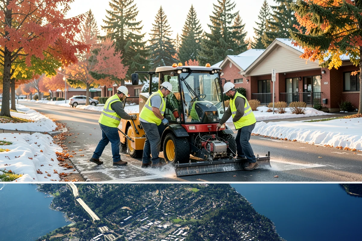 Detour Signage Setup in Mercer Island, King County, WA - Detour signing accompanies the summer roadwork season and is deployed rapidly for winter storm closures.