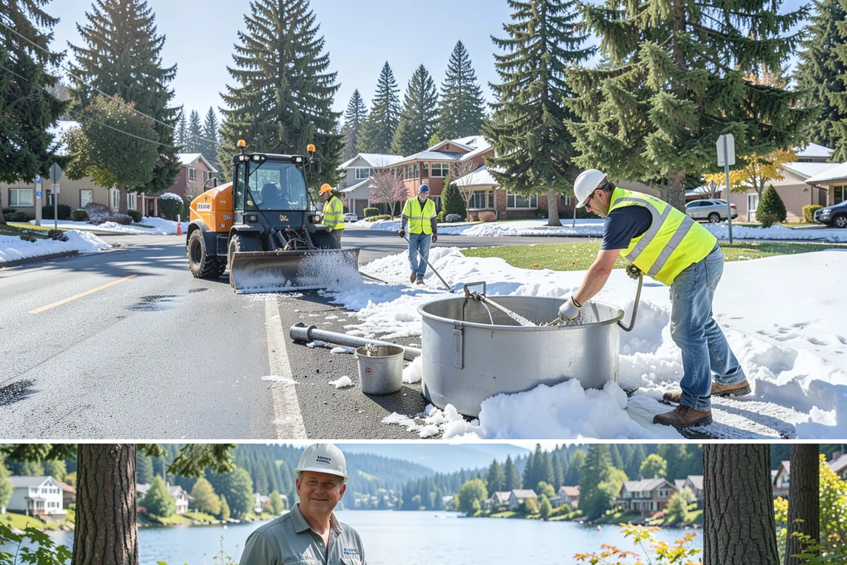 Detour Signage Setup in Milton, King County, WA - Detour signing accompanies the summer roadwork season and is deployed rapidly for winter storm closures.