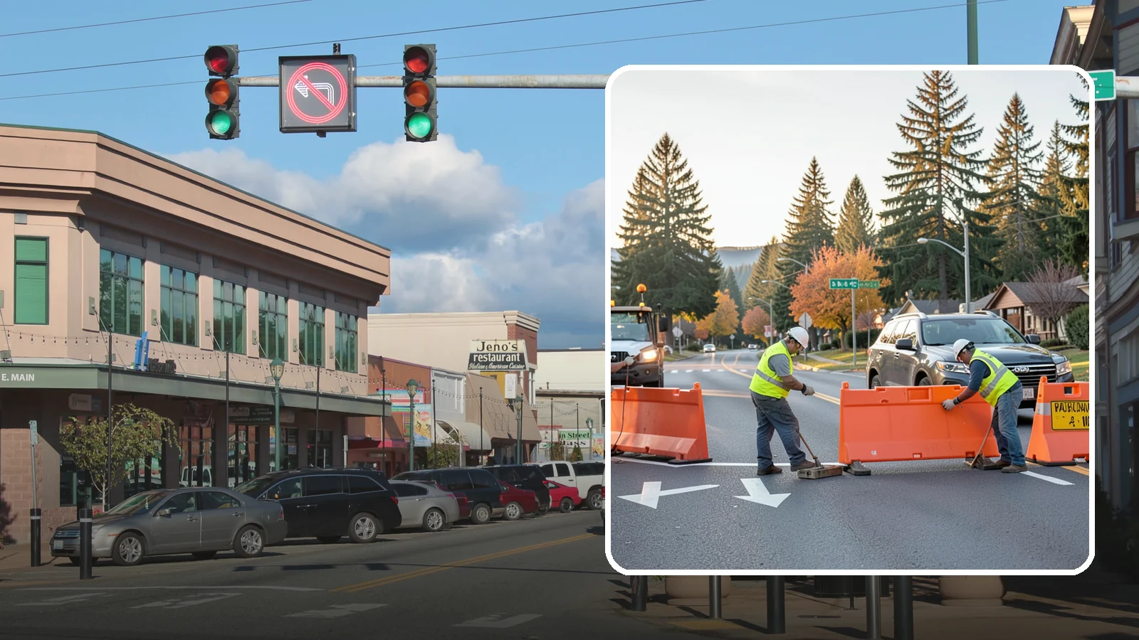 Detour Signage Setup in Monroe, Snohomish County, WA - Detour signage setup routes the traveling public safely around road closures and construction.