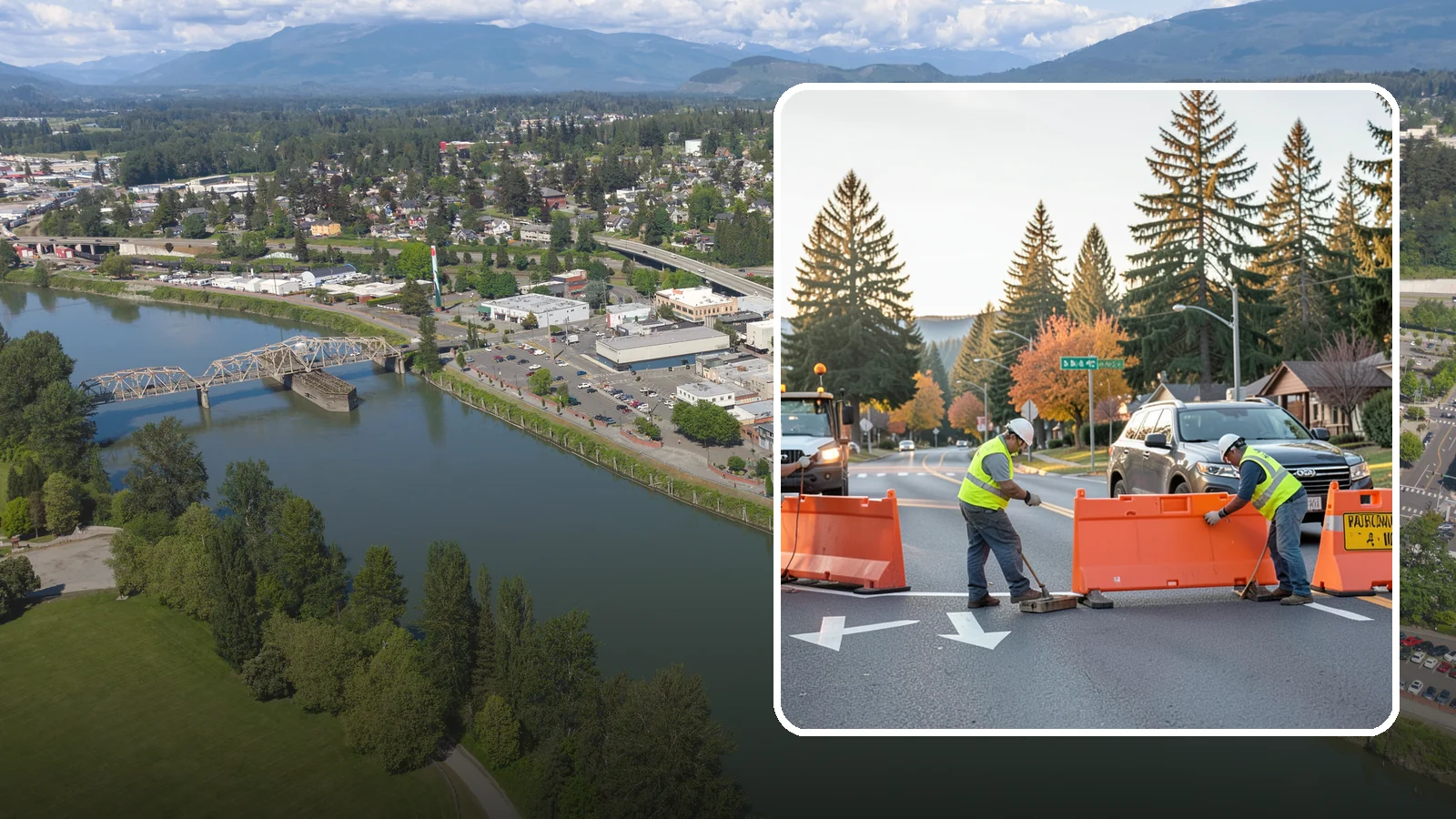 Detour Signage Setup in Mount Vernon, Skagit County, WA - Detour signage setup routes the traveling public safely around road closures and construction.