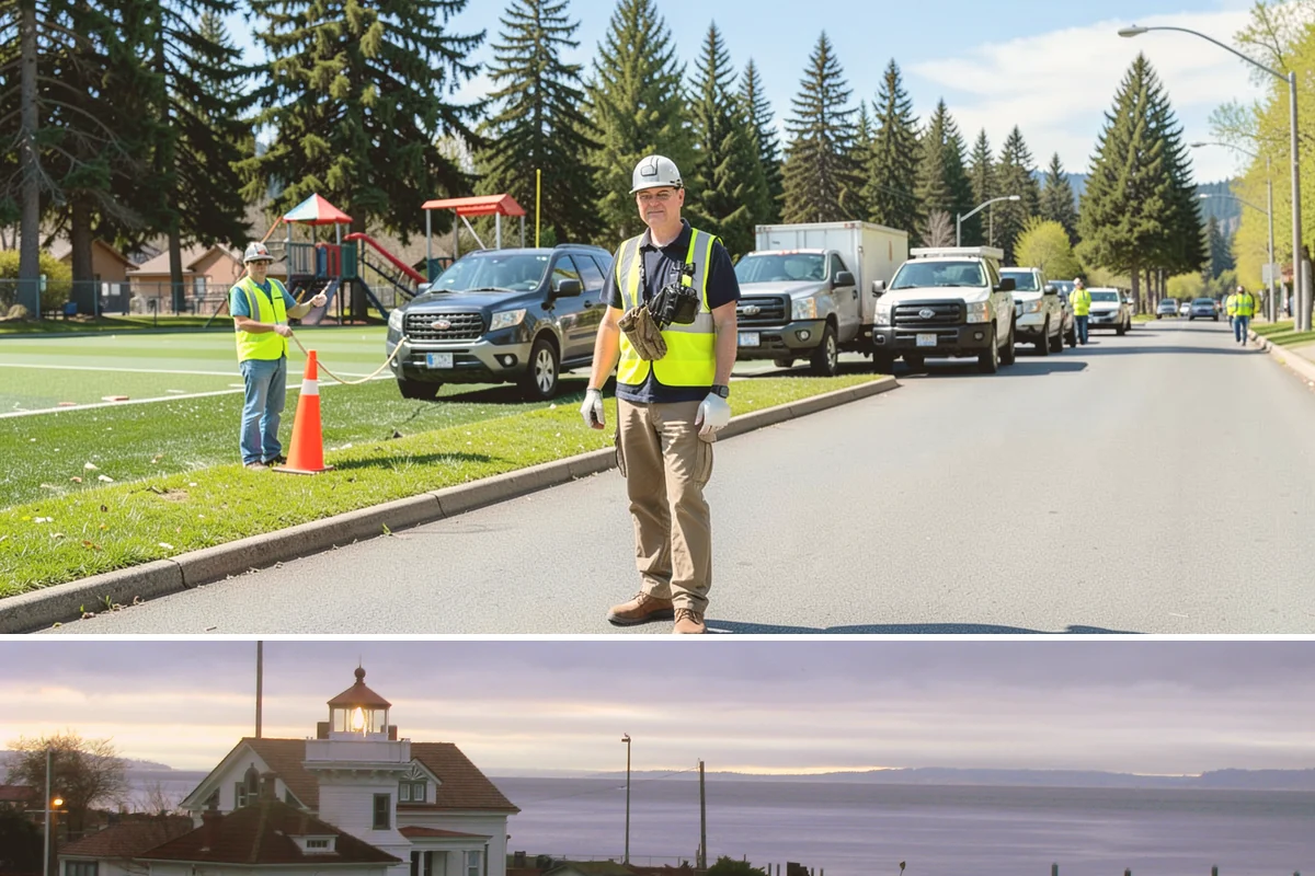 Detour Signage Setup in Mukilteo, Snohomish County, WA - Detour signing accompanies the summer roadwork season and is deployed rapidly for winter storm closures.