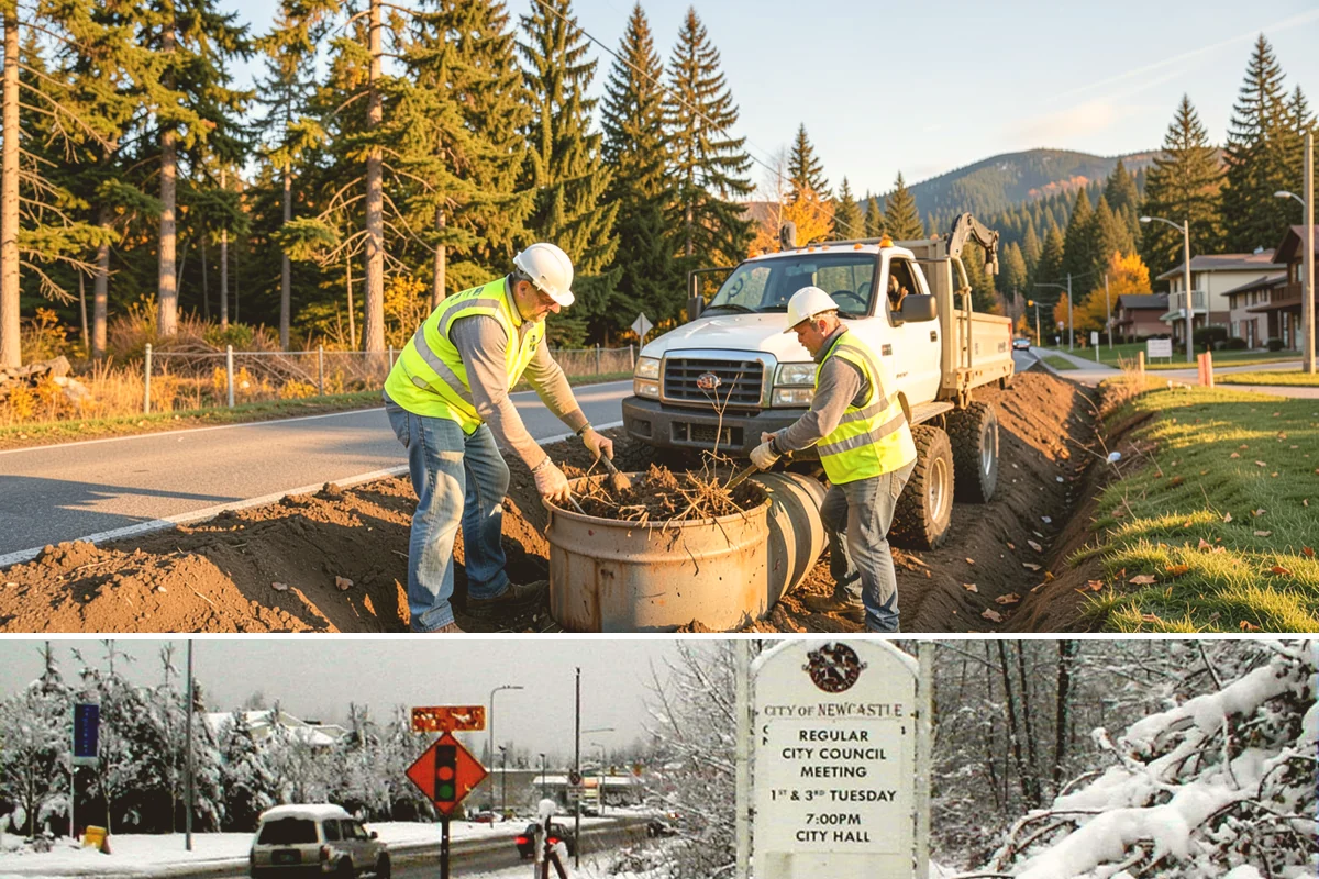 Detour Signage Setup in Newcastle, King County, WA - Detour signing accompanies the summer roadwork season and is deployed rapidly for winter storm closures.