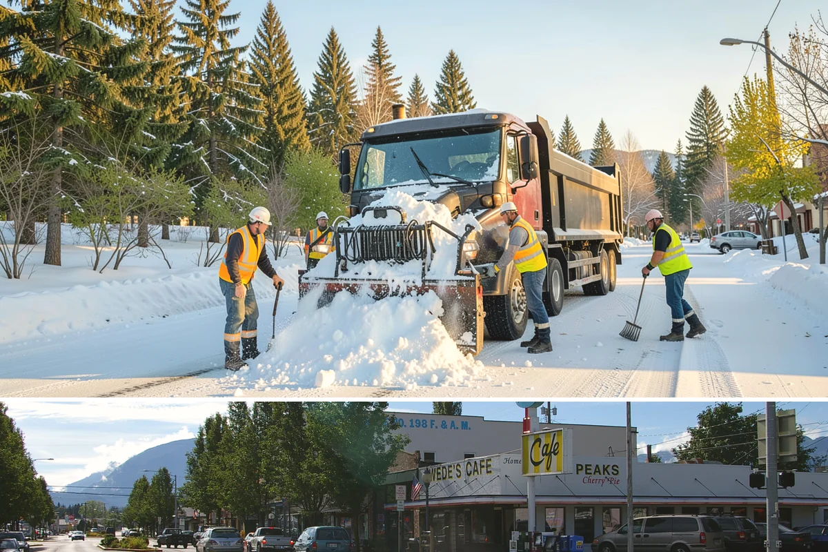 Detour Signage Setup in North Bend, King County, WA - Detour signing accompanies the summer roadwork season and is deployed rapidly for winter storm closures.