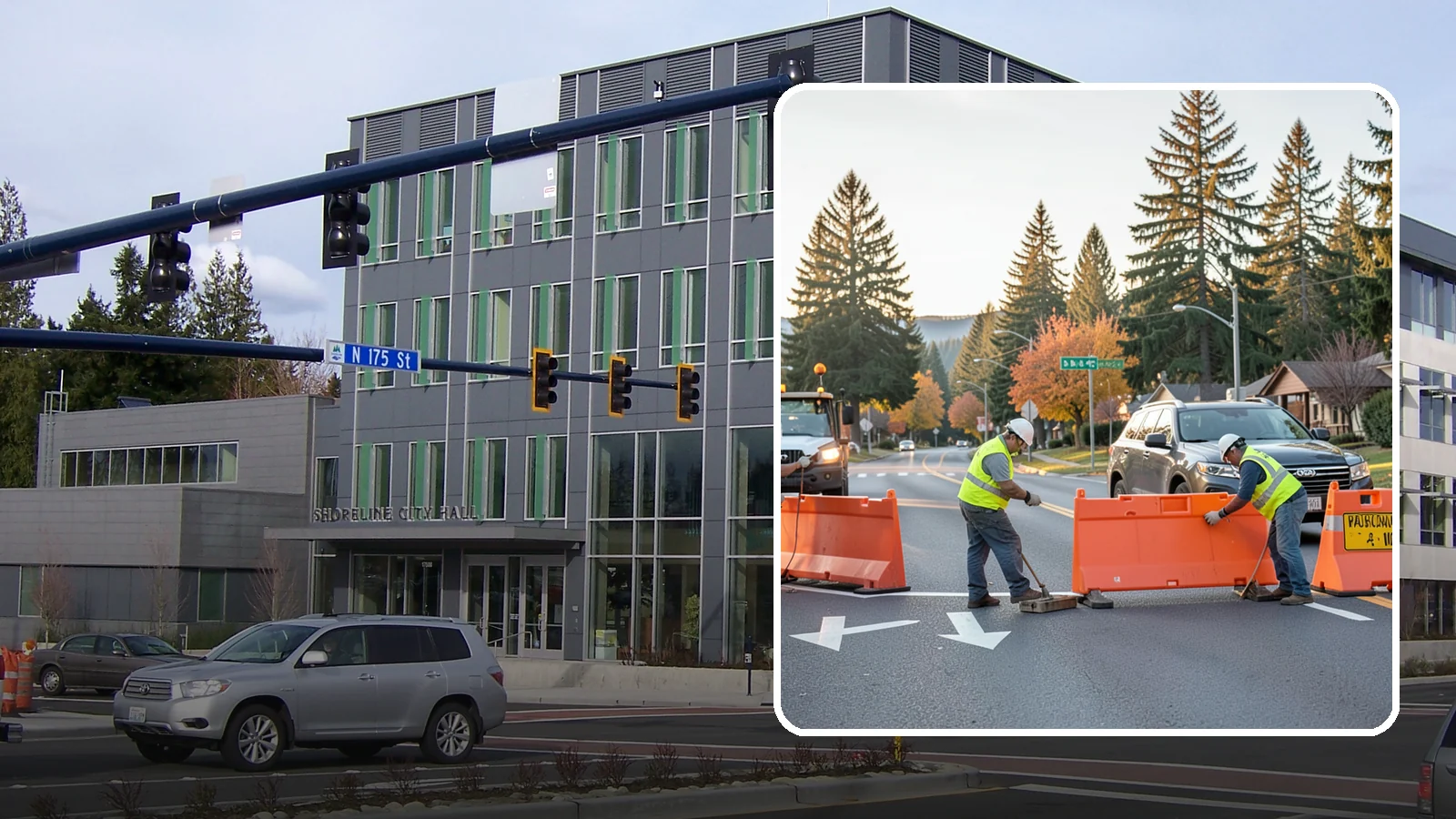 Detour Signage Setup in Shoreline, King County, WA - Detour signage setup routes the traveling public safely around road closures and construction.