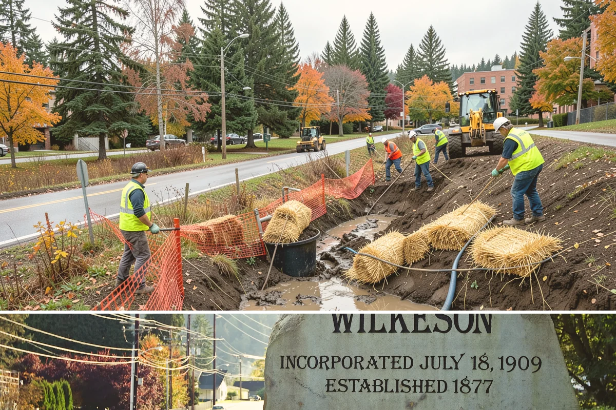 Detour Signage Setup in Wilkeson, Pierce County, WA - Detour signing accompanies the summer roadwork season and is deployed rapidly for winter storm closures.