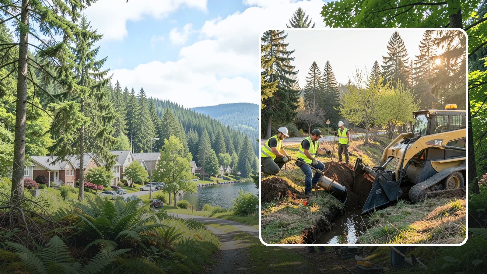 Ditch Maintenance in Lake Forest Park, King County, WA - Ditch maintenance and reshaping that restores roadside and open channels to their designed drainage function.