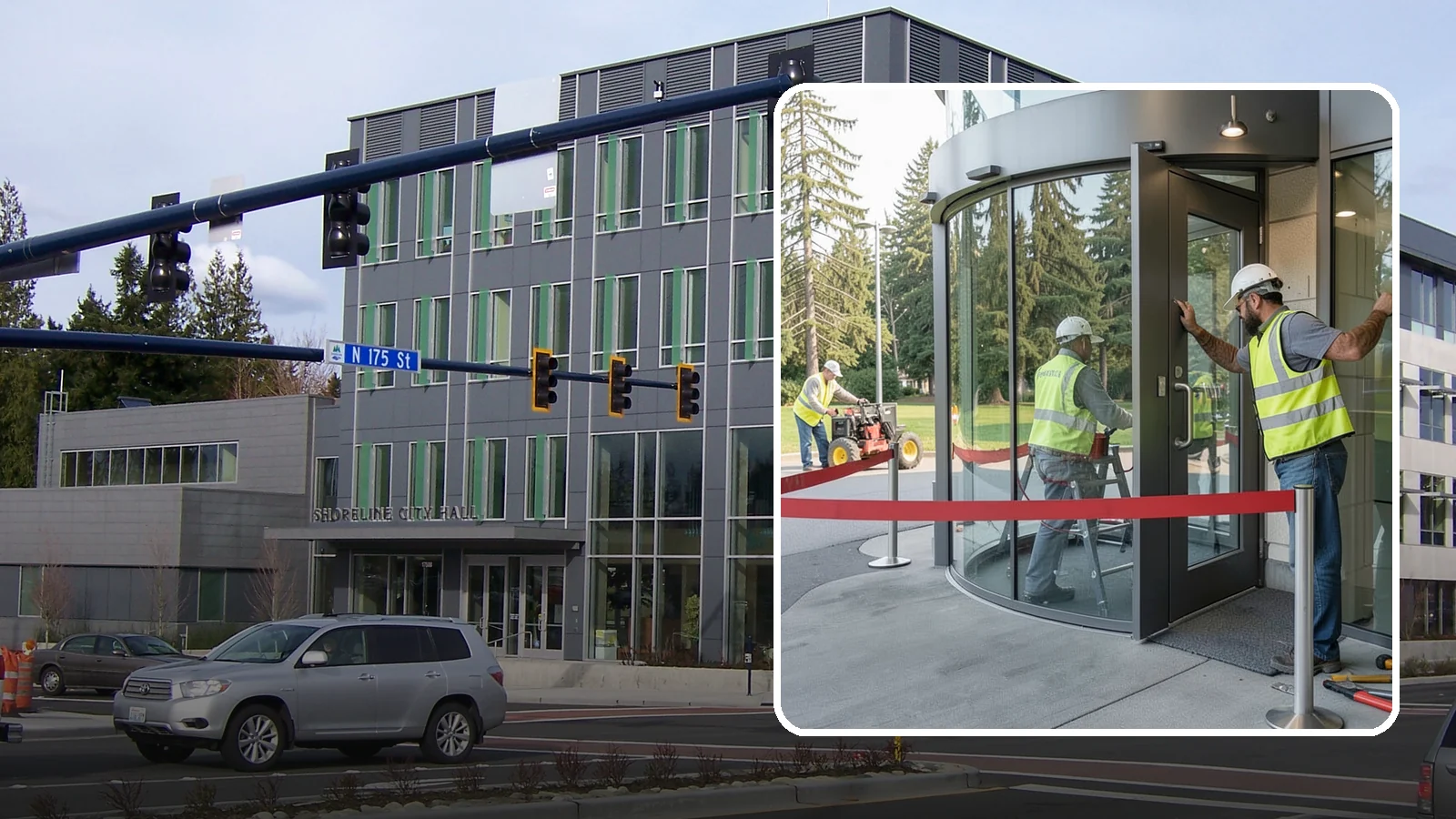 Door Repairs in Shoreline, King County, WA - Repair of exterior doors and hardware to maintain secure, accessible entrances at public buildings.