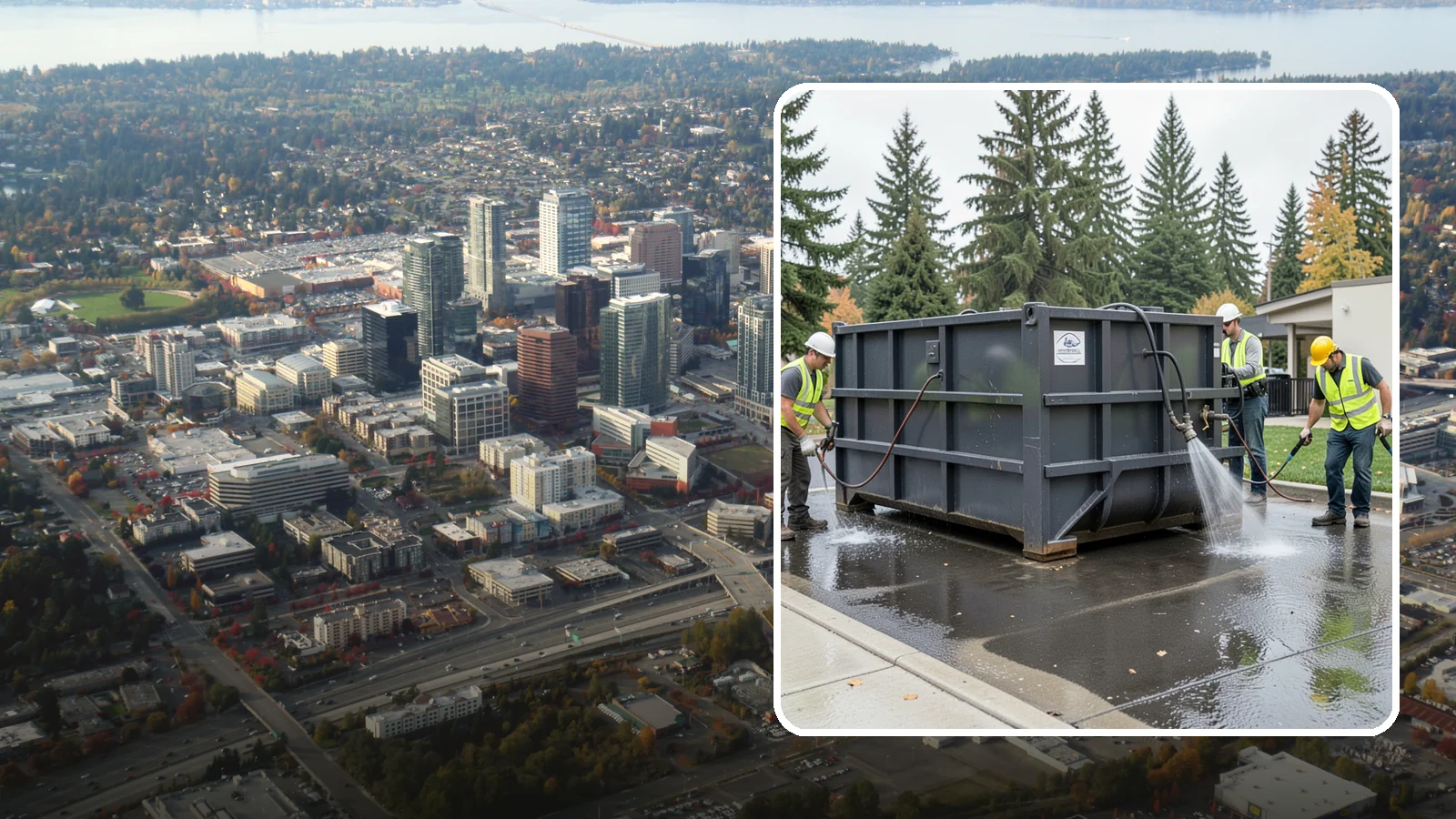 Dumpster Pad Cleaning in Bellevue, King County, WA - Degrease and sanitize dumpster pads and enclosures to control odor, pests, and leachate staining.