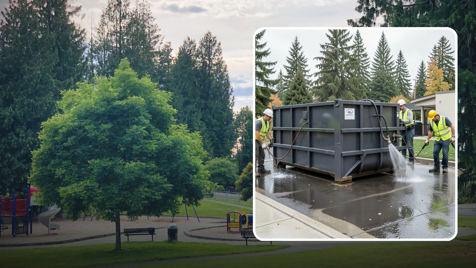 Dumpster Pad Cleaning in Bonney Lake, Pierce County, WA - Degrease and sanitize dumpster pads and enclosures to control odor, pests, and leachate staining.