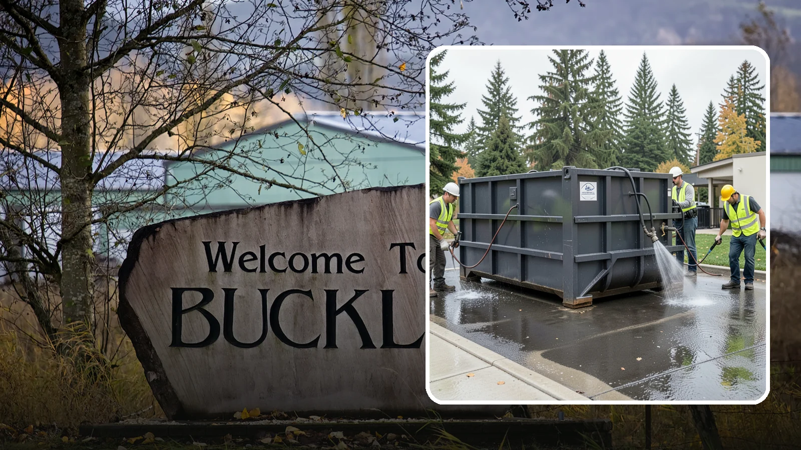 Dumpster Pad Cleaning in Buckley, Pierce County, WA - Degrease and sanitize dumpster pads and enclosures to control odor, pests, and leachate staining.