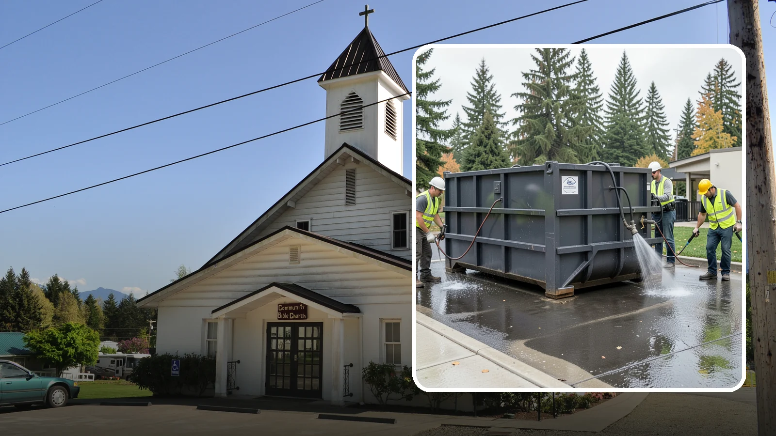 Dumpster Pad Cleaning in Concrete, Skagit County, WA - Degrease and sanitize dumpster pads and enclosures to control odor, pests, and leachate staining.