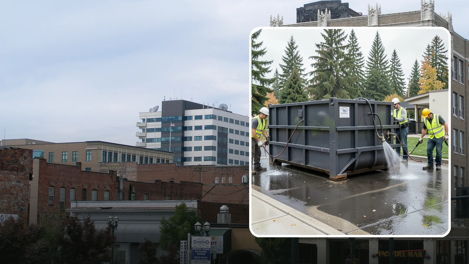Dumpster Pad Cleaning in Everett, Snohomish County, WA - Degrease and sanitize dumpster pads and enclosures to control odor, pests, and leachate staining.