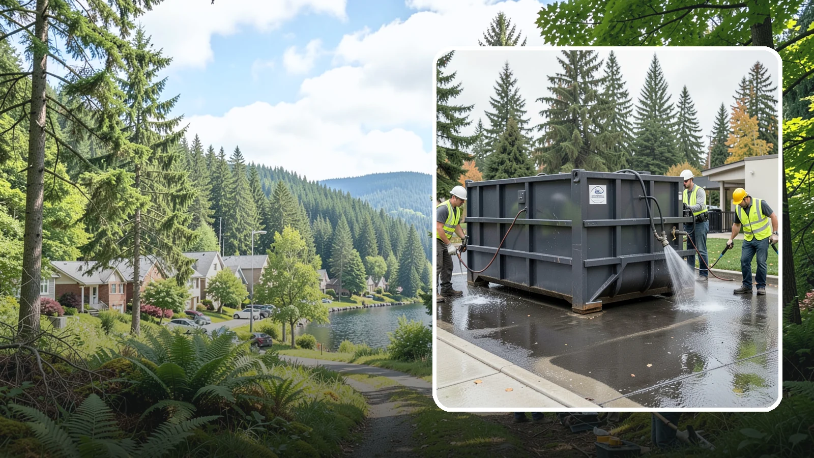 Dumpster Pad Cleaning in Lake Forest Park, King County, WA - Degrease and sanitize dumpster pads and enclosures to control odor, pests, and leachate staining.