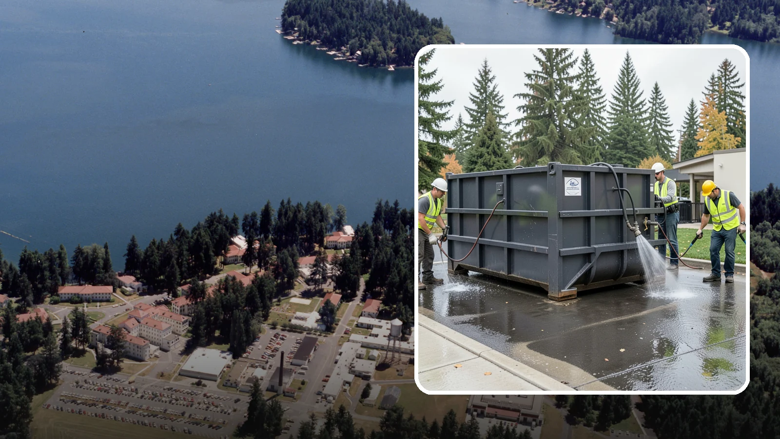 Dumpster Pad Cleaning in Lakewood, Pierce County, WA - Degrease and sanitize dumpster pads and enclosures to control odor, pests, and leachate staining.