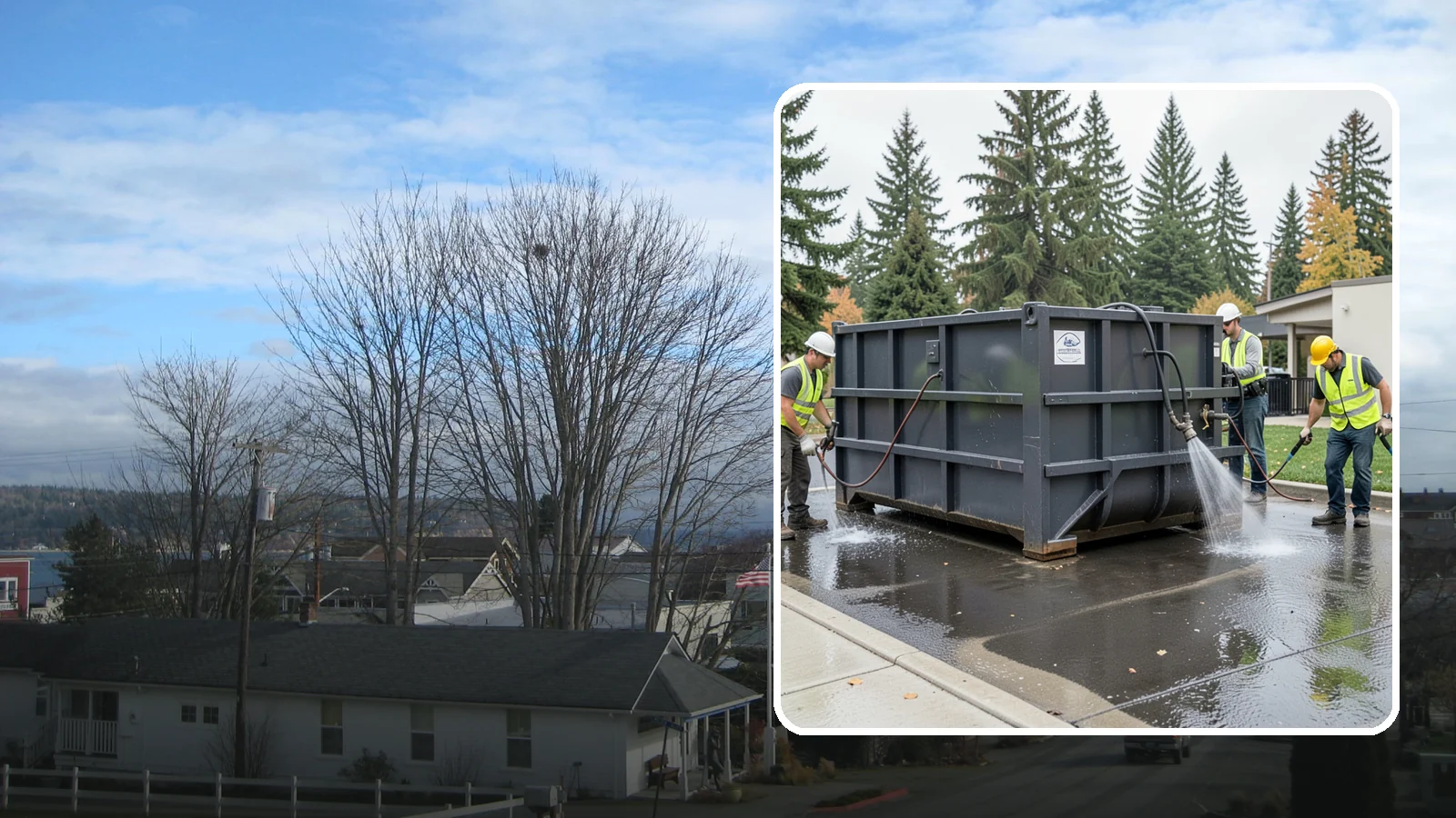 Dumpster Pad Cleaning in Langley, Island County, WA - Degrease and sanitize dumpster pads and enclosures to control odor, pests, and leachate staining.