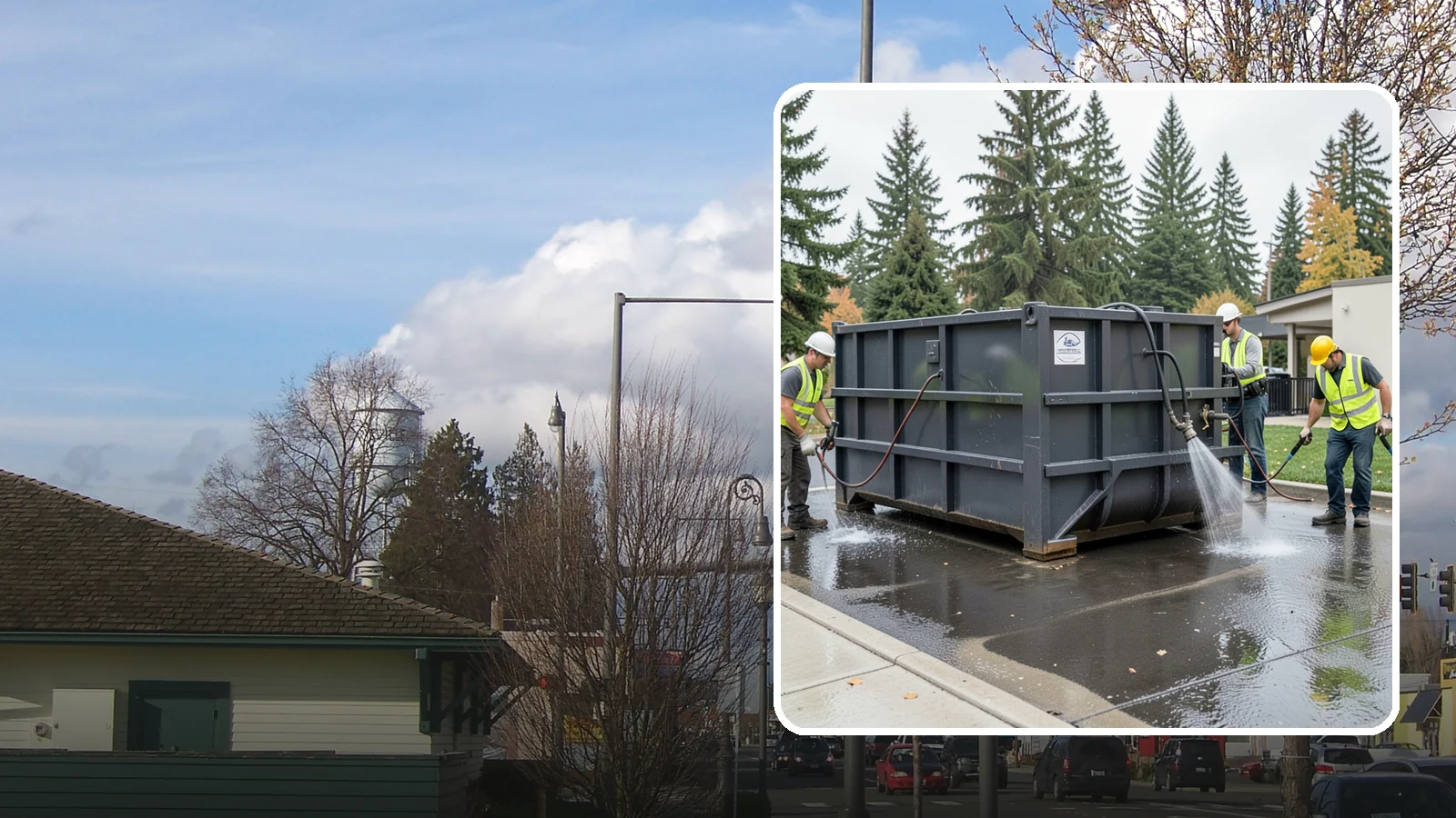 Dumpster Pad Cleaning in Marysville, Snohomish County, WA - Degrease and sanitize dumpster pads and enclosures to control odor, pests, and leachate staining.