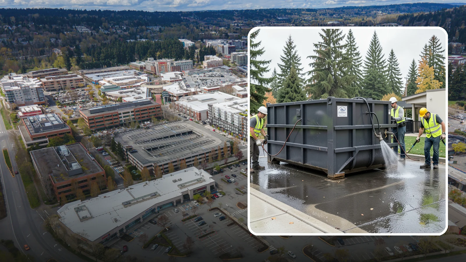 Dumpster Pad Cleaning in Redmond, King County, WA - Degrease and sanitize dumpster pads and enclosures to control odor, pests, and leachate staining.