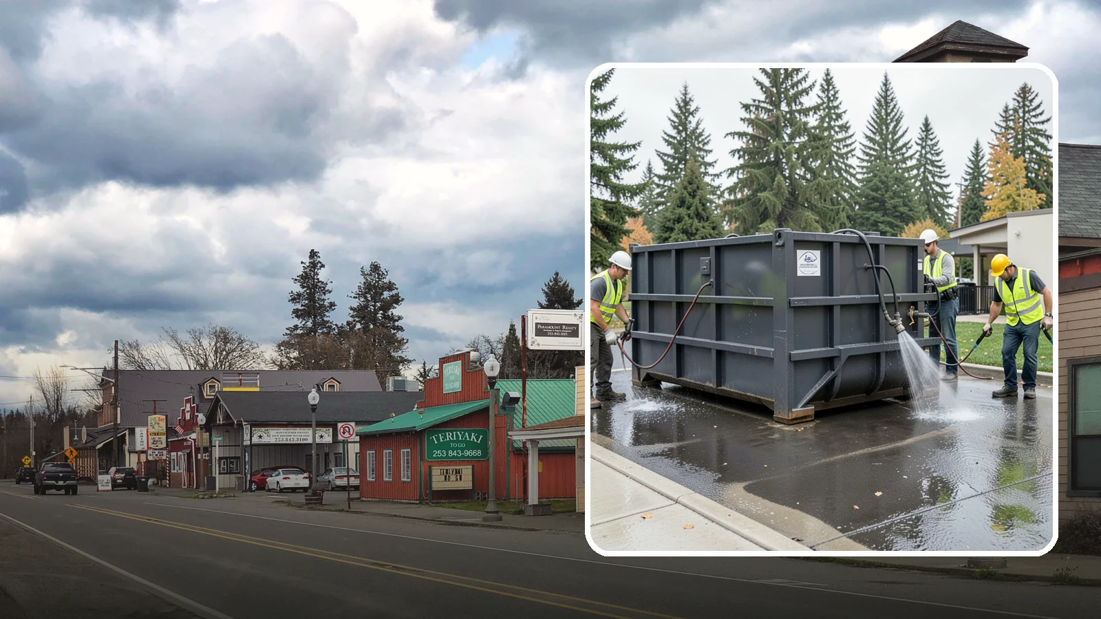 Dumpster Pad Cleaning in Roy, Pierce County, WA - Degrease and sanitize dumpster pads and enclosures to control odor, pests, and leachate staining.