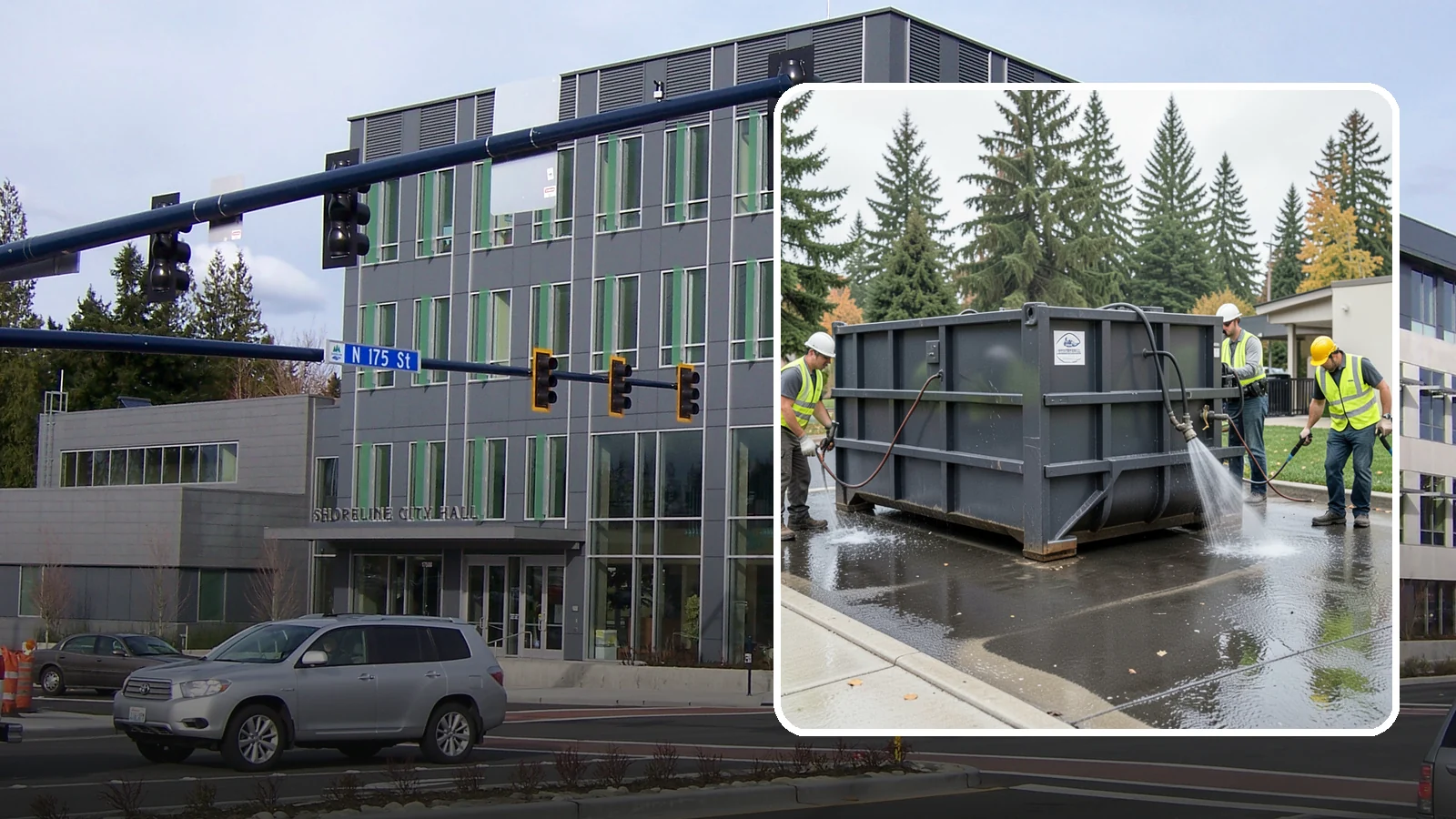 Dumpster Pad Cleaning in Shoreline, King County, WA - Degrease and sanitize dumpster pads and enclosures to control odor, pests, and leachate staining.
