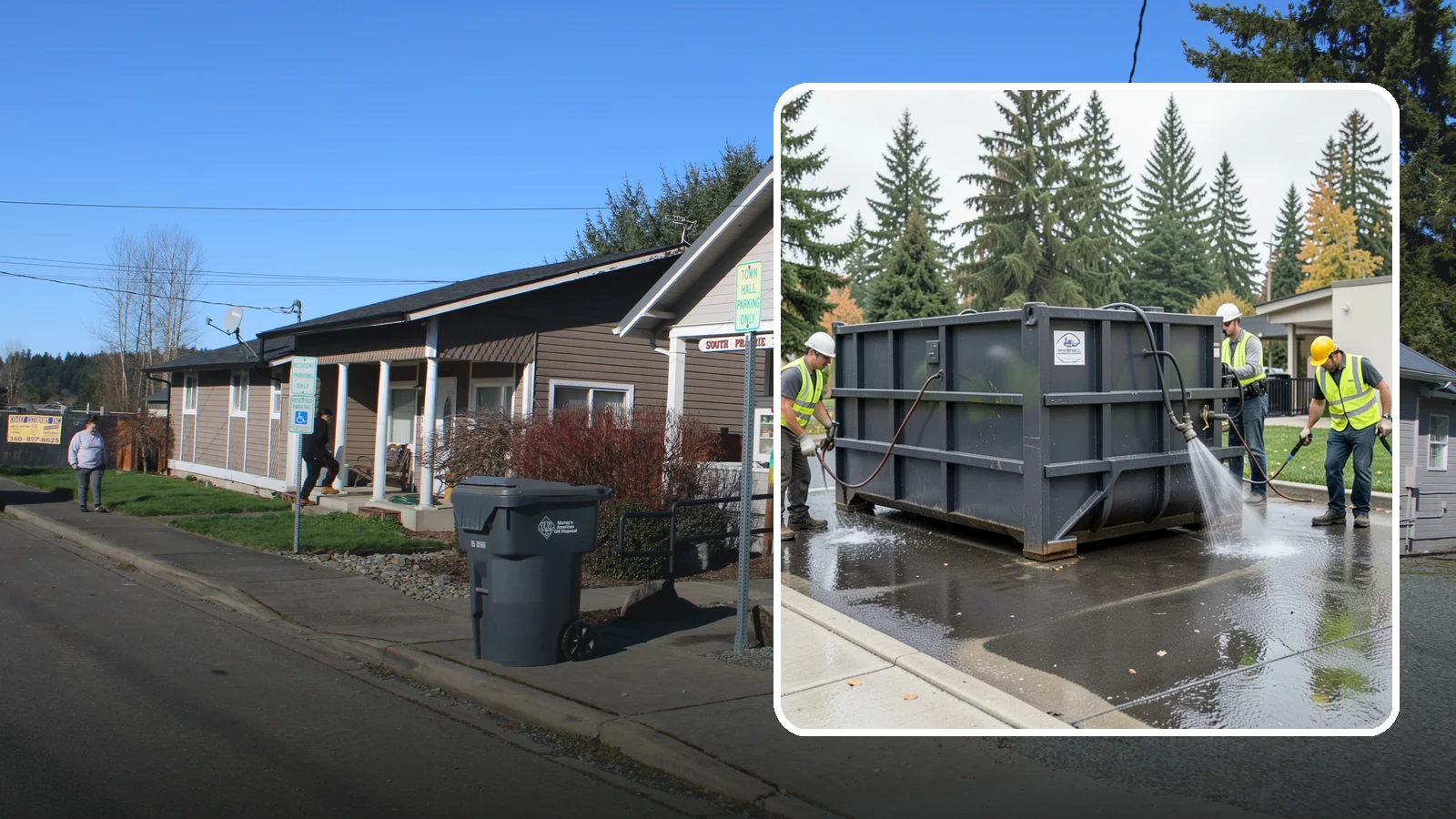 Dumpster Pad Cleaning in South Prairie, Pierce County, WA - Degrease and sanitize dumpster pads and enclosures to control odor, pests, and leachate staining.