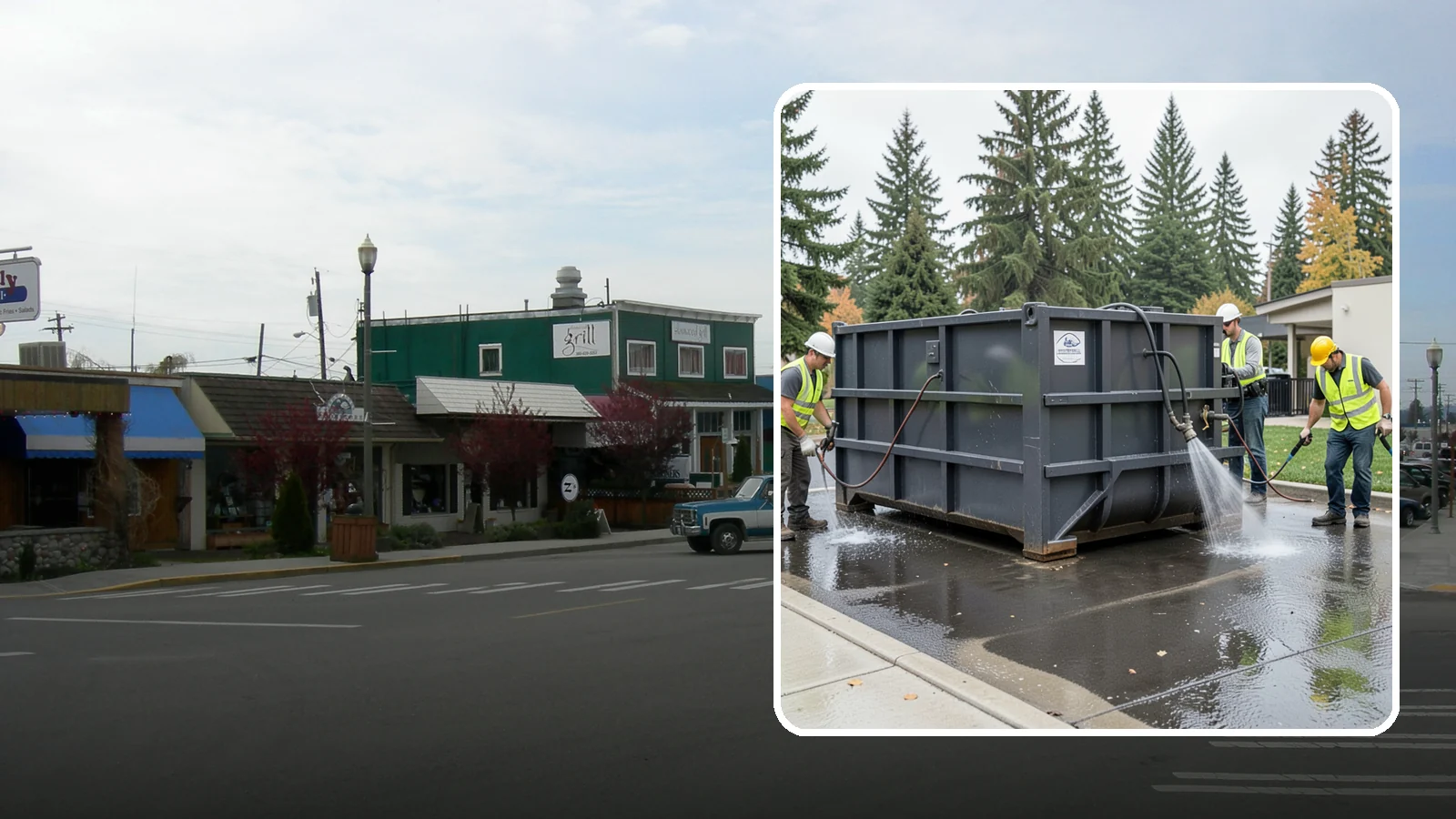 Dumpster Pad Cleaning in Stanwood, Snohomish County, WA - Degrease and sanitize dumpster pads and enclosures to control odor, pests, and leachate staining.