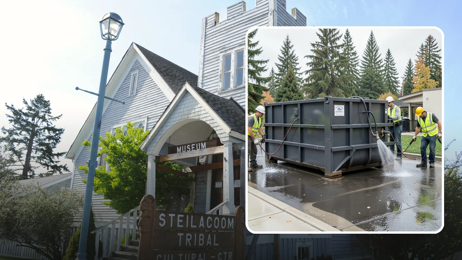 Dumpster Pad Cleaning in Steilacoom, Pierce County, WA - Degrease and sanitize dumpster pads and enclosures to control odor, pests, and leachate staining.