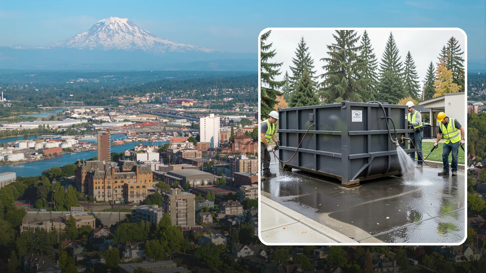 Dumpster Pad Cleaning in Tacoma, Pierce County, WA - Degrease and sanitize dumpster pads and enclosures to control odor, pests, and leachate staining.