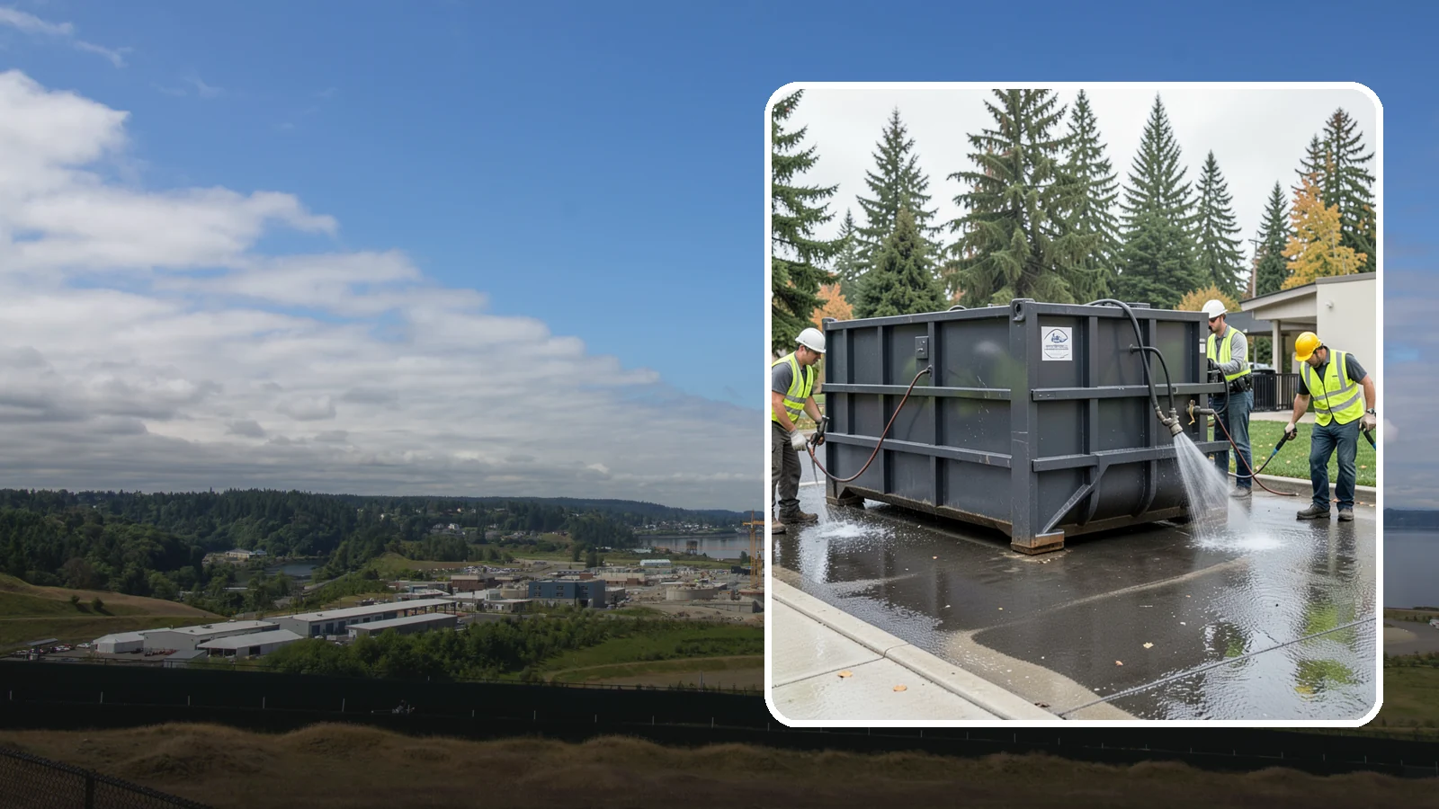 Dumpster Pad Cleaning in University Place, Pierce County, WA - Degrease and sanitize dumpster pads and enclosures to control odor, pests, and leachate staining.