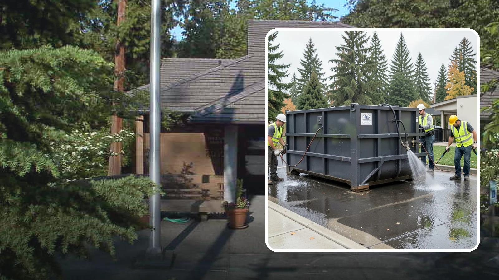Dumpster Pad Cleaning in Yarrow Point, King County, WA - Degrease and sanitize dumpster pads and enclosures to control odor, pests, and leachate staining.