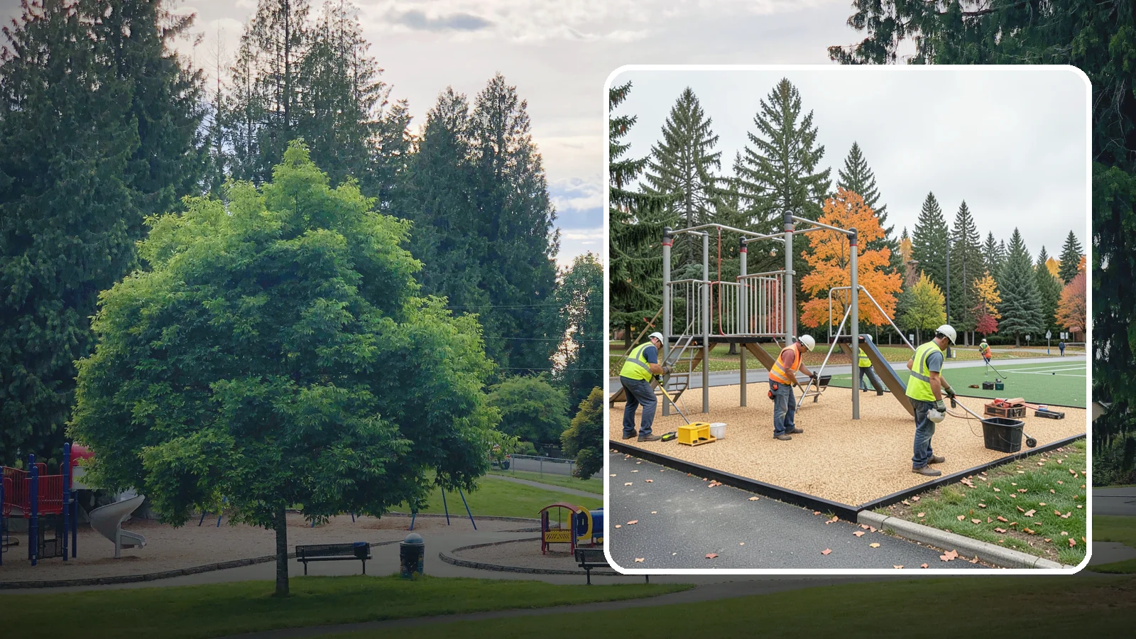 Engineered Wood Fiber Surfacing in Bonney Lake, Pierce County, WA - Installation of engineered wood fiber surfacing meeting accessibility and impact-attenuation standards at economical cost.