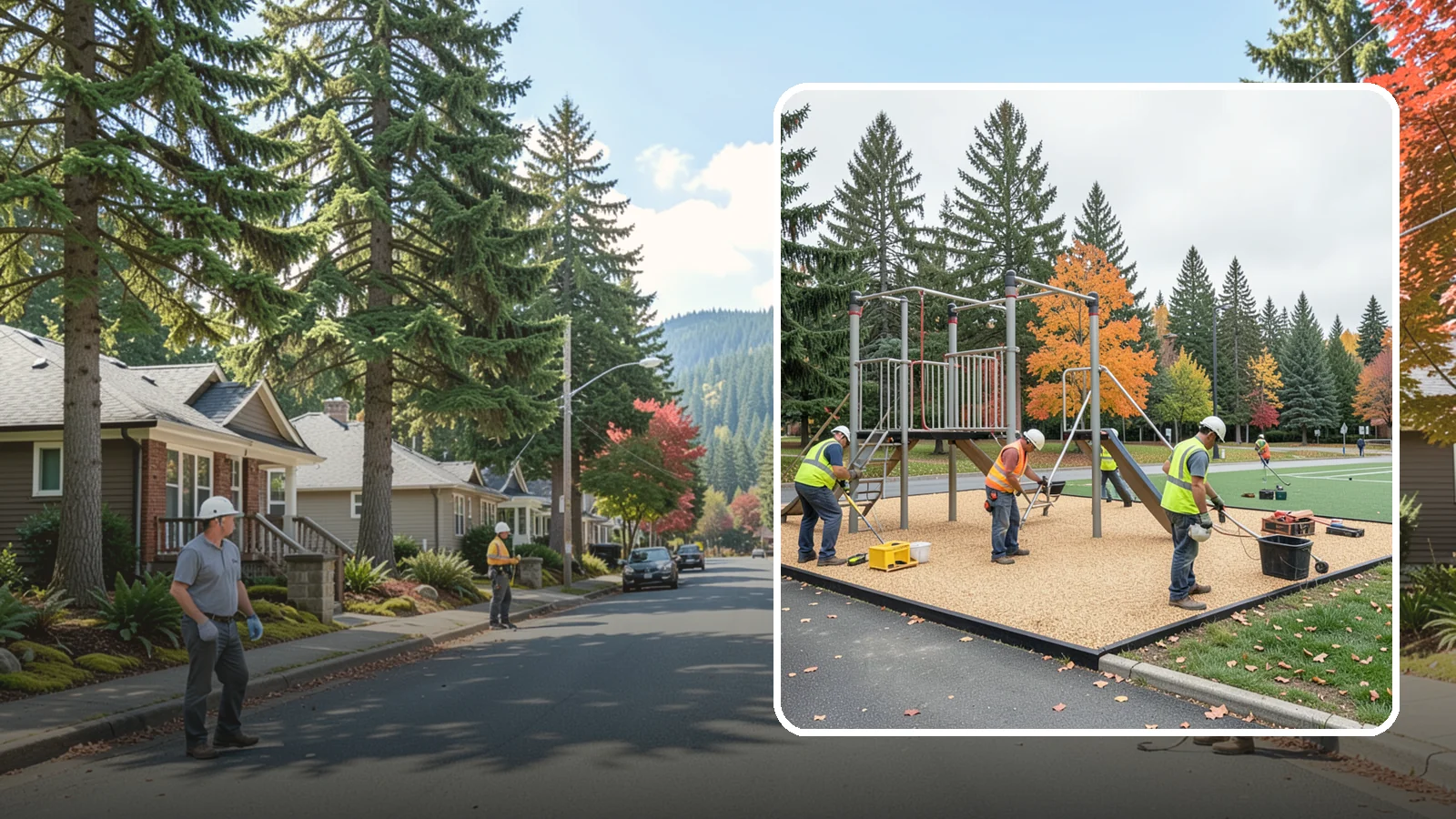 Engineered Wood Fiber Surfacing in Hunts Point, King County, WA - Installation of engineered wood fiber surfacing meeting accessibility and impact-attenuation standards at economical cost.