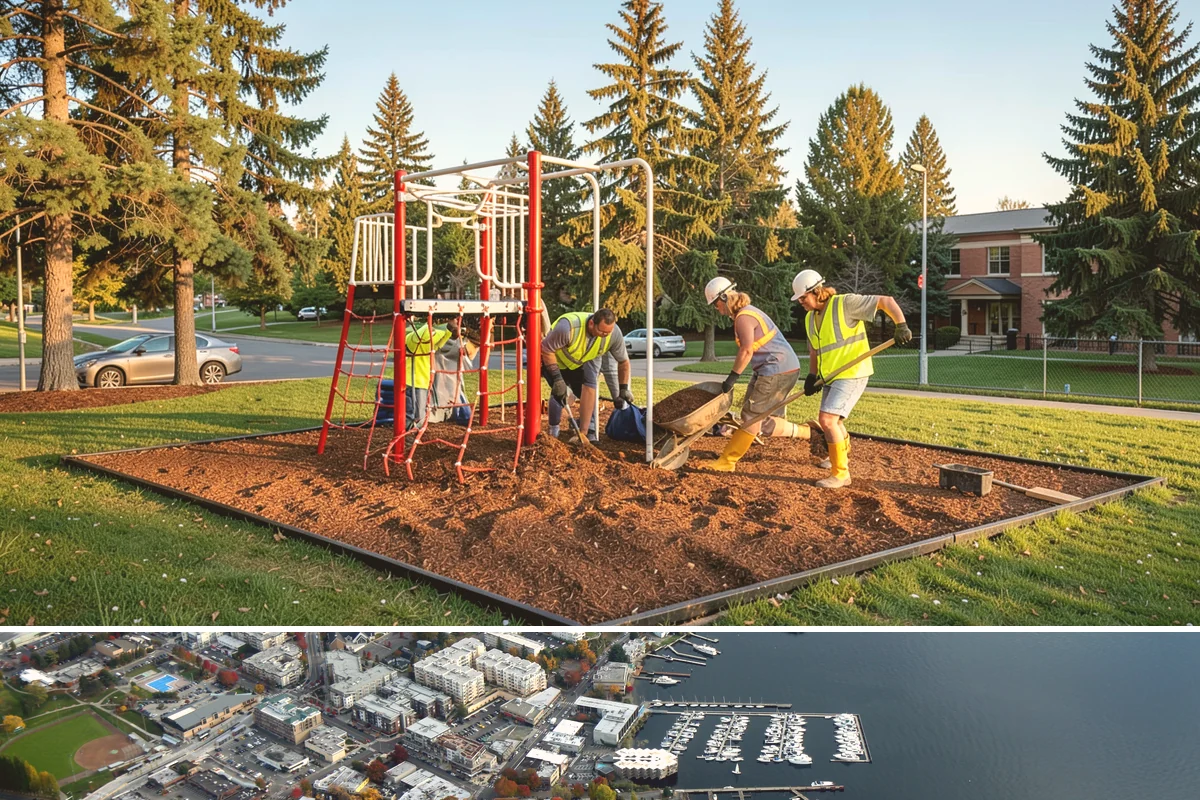 Engineered Wood Fiber Surfacing in Kirkland, King County, WA - Wood fiber can be installed in most conditions, but drier weather aids grading, drainage work, and initial compaction.
