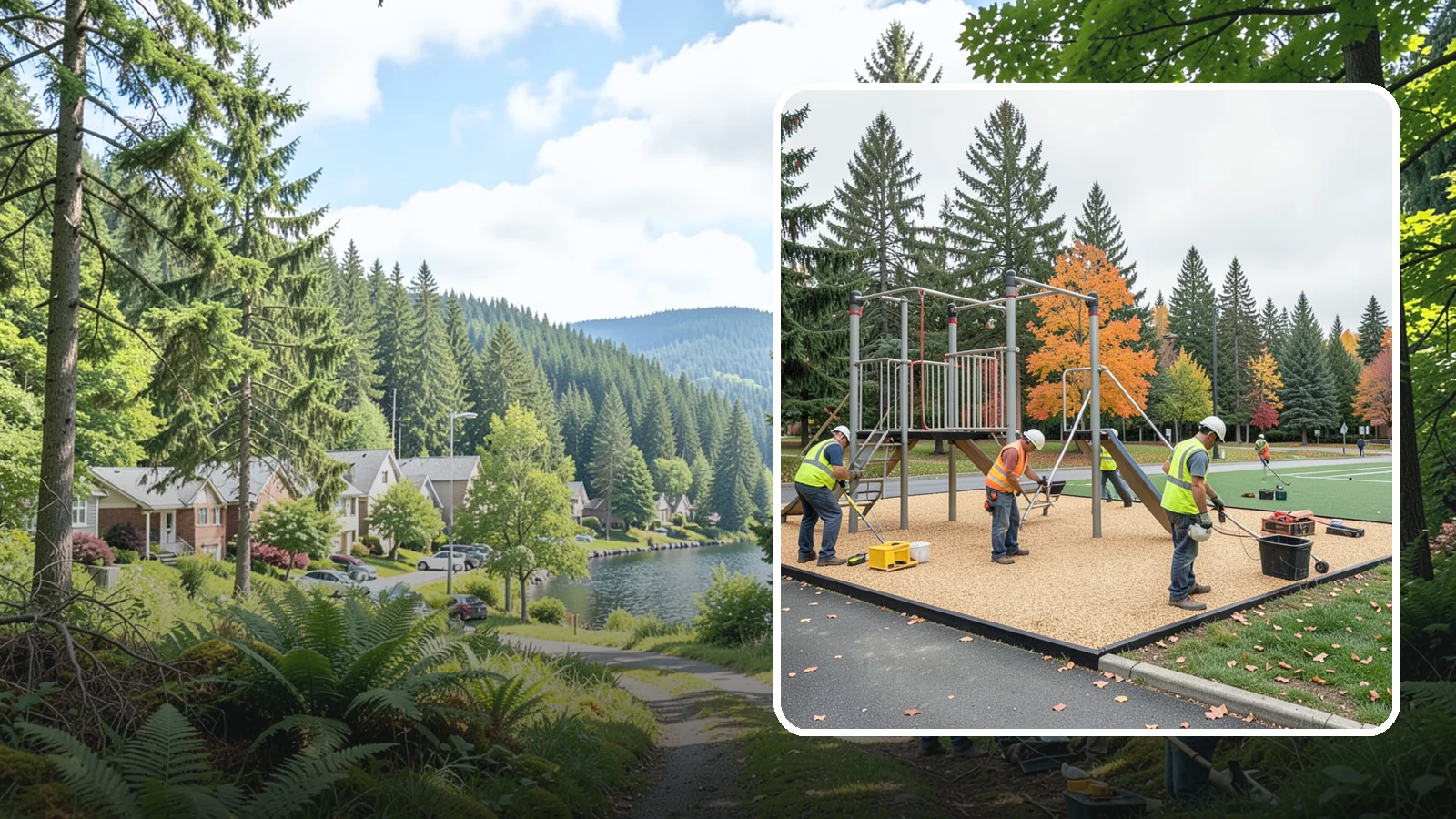 Engineered Wood Fiber Surfacing in Lake Forest Park, King County, WA - Installation of engineered wood fiber surfacing meeting accessibility and impact-attenuation standards at economical cost.