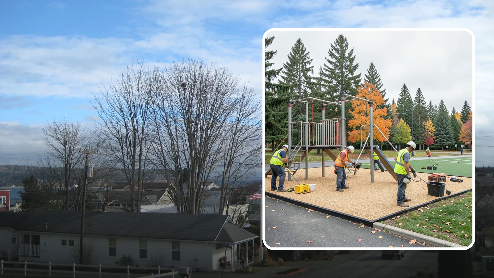 Engineered Wood Fiber Surfacing in Langley, Island County, WA - Installation of engineered wood fiber surfacing meeting accessibility and impact-attenuation standards at economical cost.