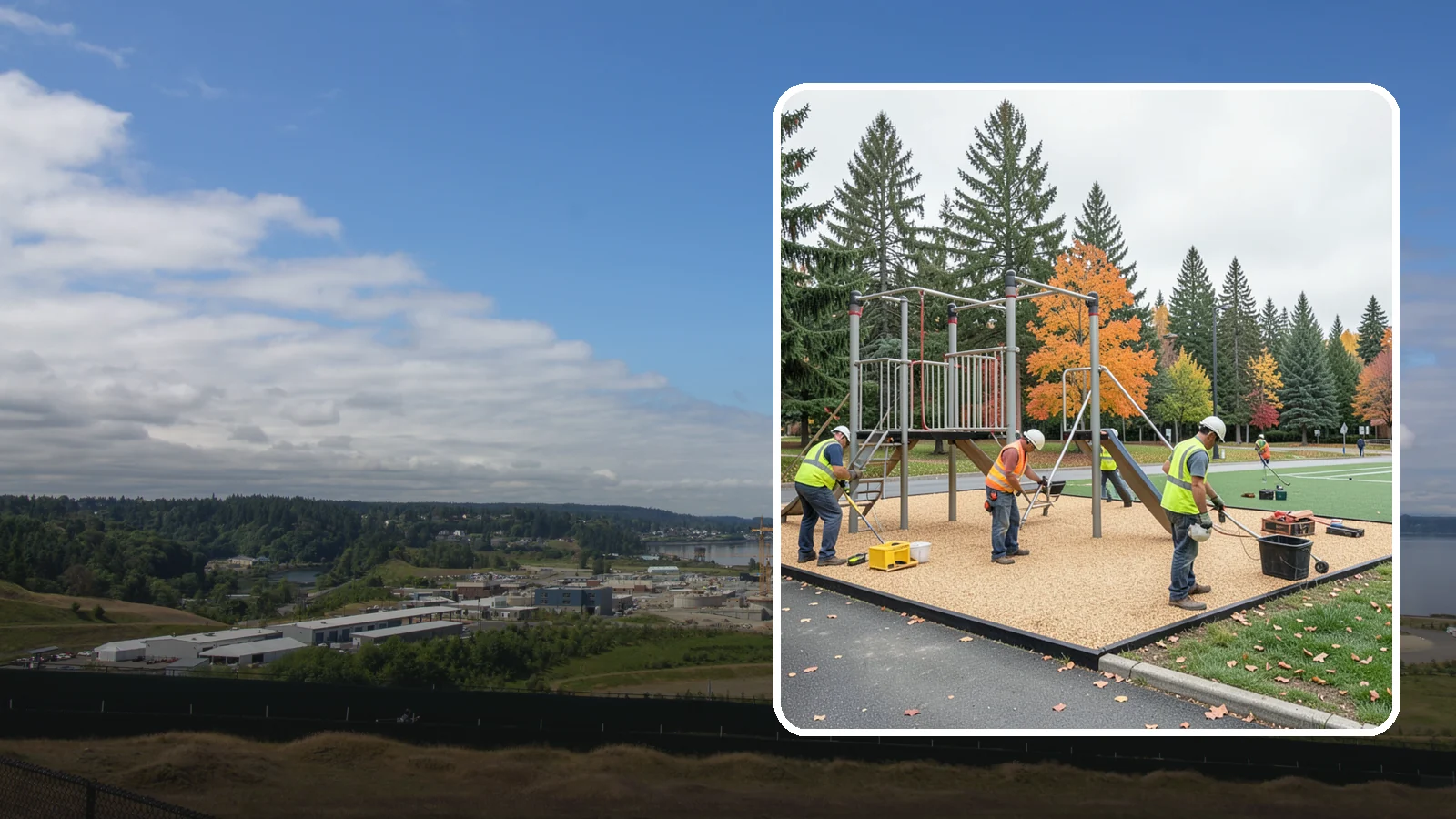 Engineered Wood Fiber Surfacing in University Place, Pierce County, WA - Installation of engineered wood fiber surfacing meeting accessibility and impact-attenuation standards at economical cost.