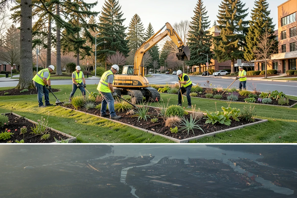 Facility Pressure Washing in Fife, Pierce County, WA - Spring and early summer cleaning removes the moss and algae accumulated through the wet Northwest winter.