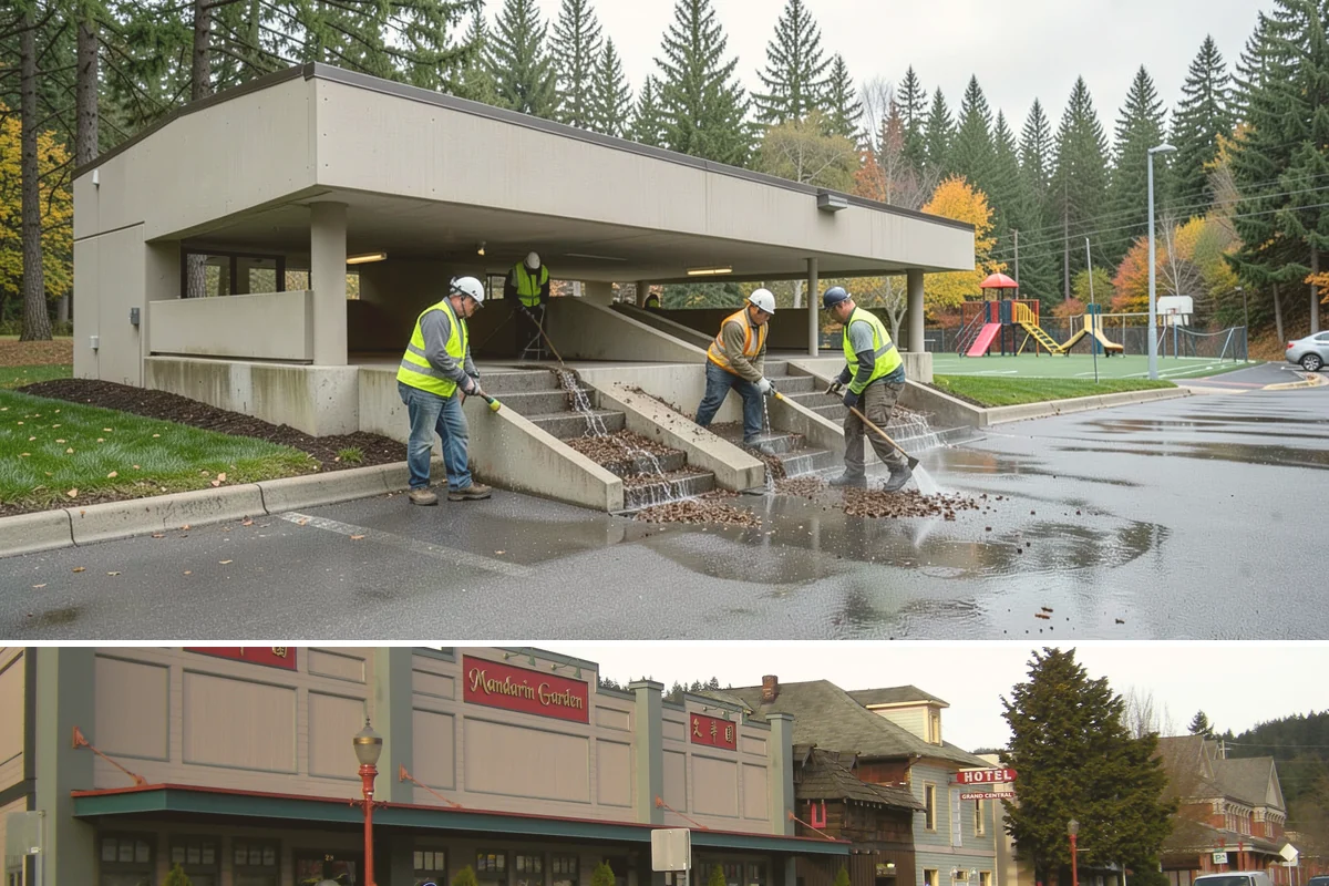 Facility Pressure Washing in Issaquah, King County, WA - Spring and early summer cleaning removes the moss and algae accumulated through the wet Northwest winter.