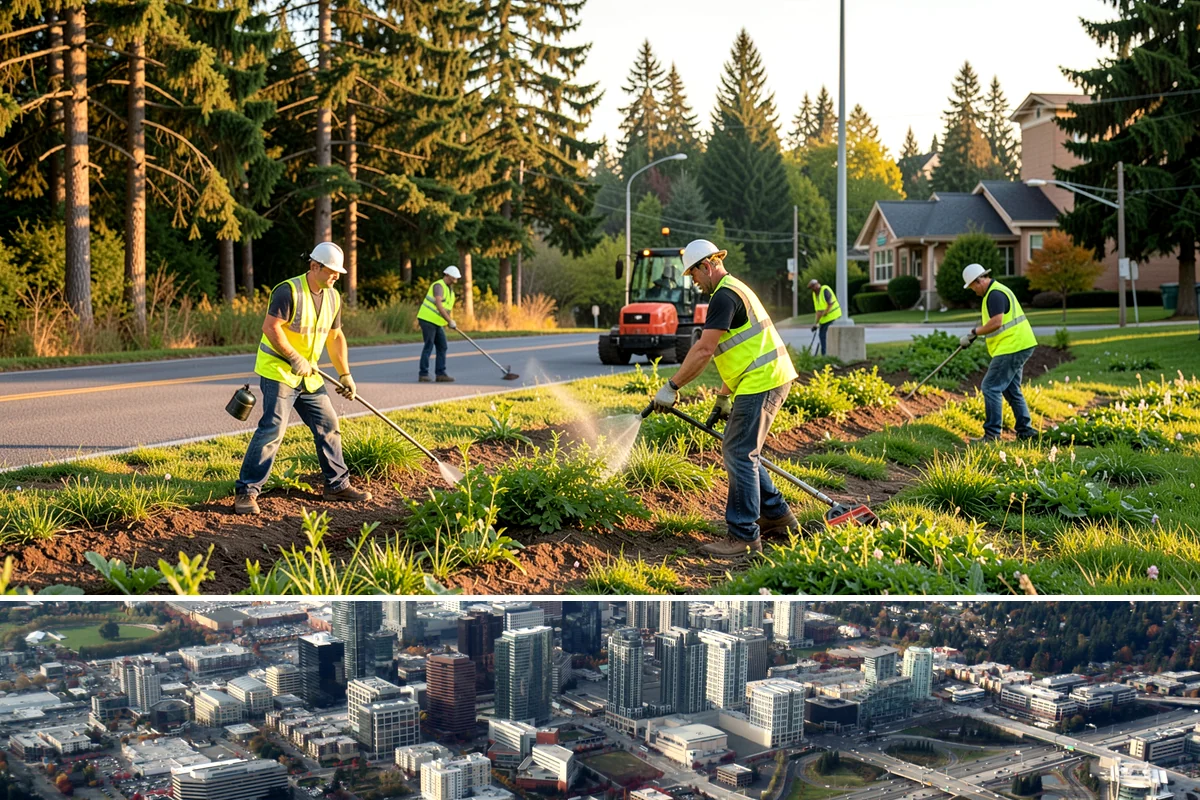 Fire District Grounds Maintenance in Bellevue, King County, WA - Vegetation clearance for defensible space and sight lines is most critical from May through the summer fire season.