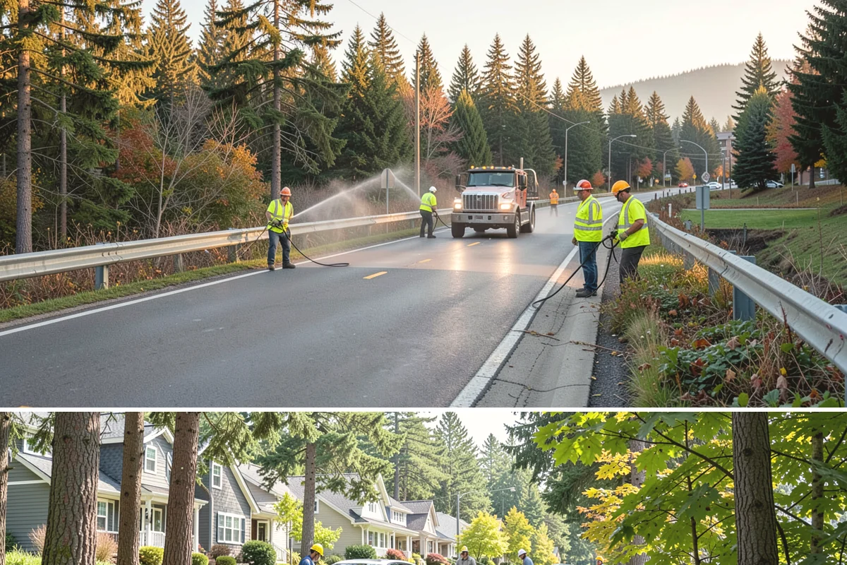 Fire District Grounds Maintenance in Normandy Park, King County, WA - Vegetation clearance for defensible space and sight lines is most critical from May through the summer fire season.