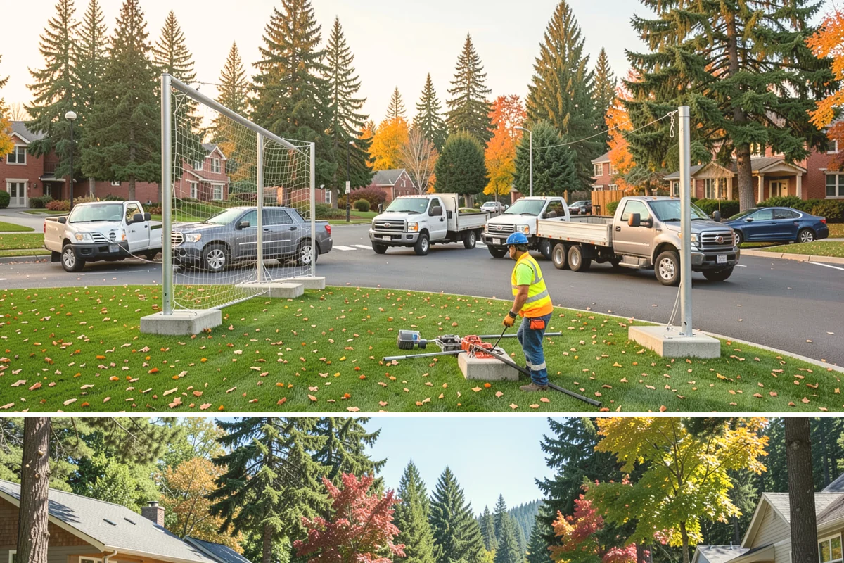 Fire District Grounds Maintenance in Orting, Pierce County, WA - Vegetation clearance for defensible space and sight lines is most critical from May through the summer fire season.
