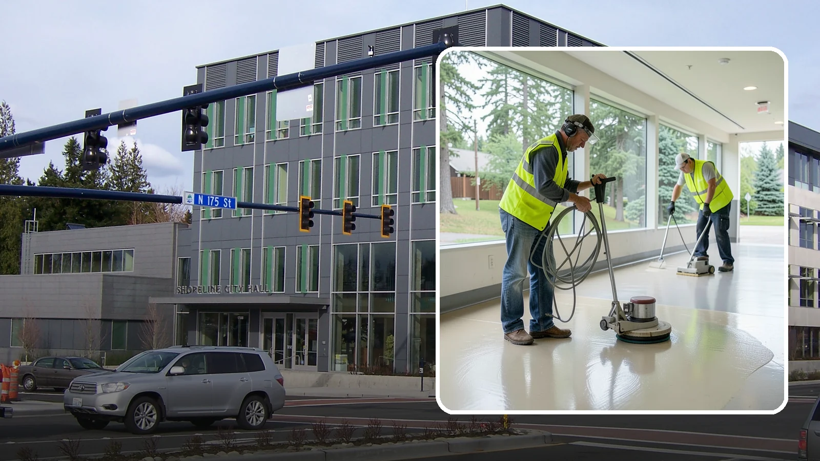 Floor Stripping & Waxing in Shoreline, King County, WA - Periodic strip-and-wax restores protective finish and shine to hard floors in schools, offices, and public buildings.