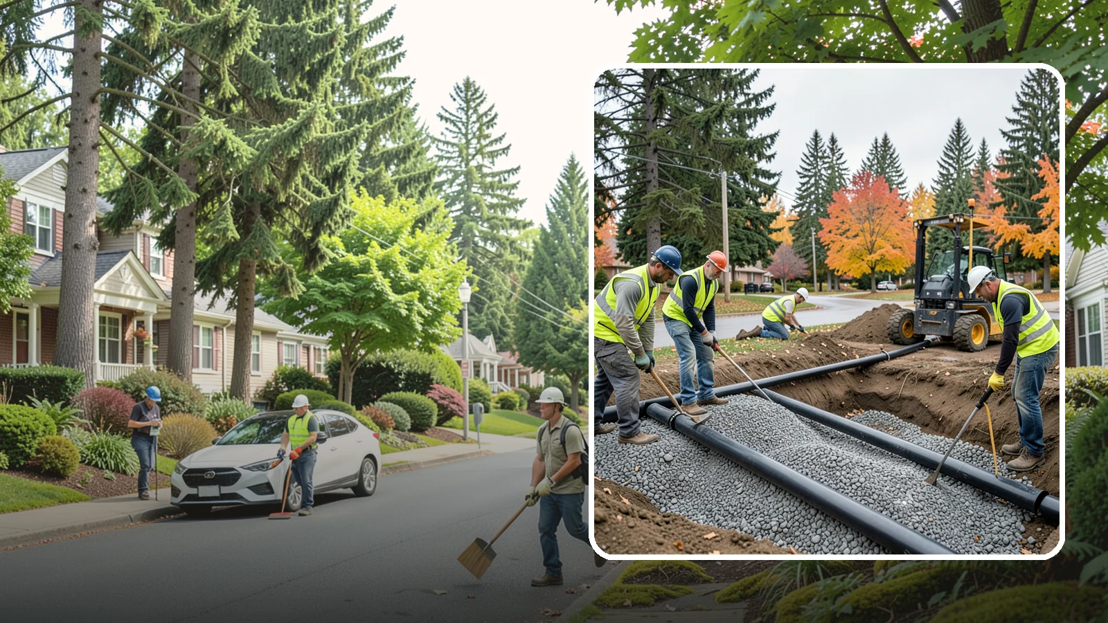 French Drain Installation in Beaux Arts Village, King County, WA - French drain installation that intercepts and redirects subsurface water away from municipal infrastructure and problem areas.