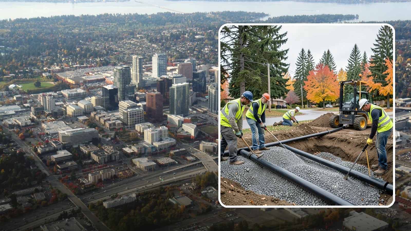 French Drain Installation in Bellevue, King County, WA - French drain installation that intercepts and redirects subsurface water away from municipal infrastructure and problem areas.