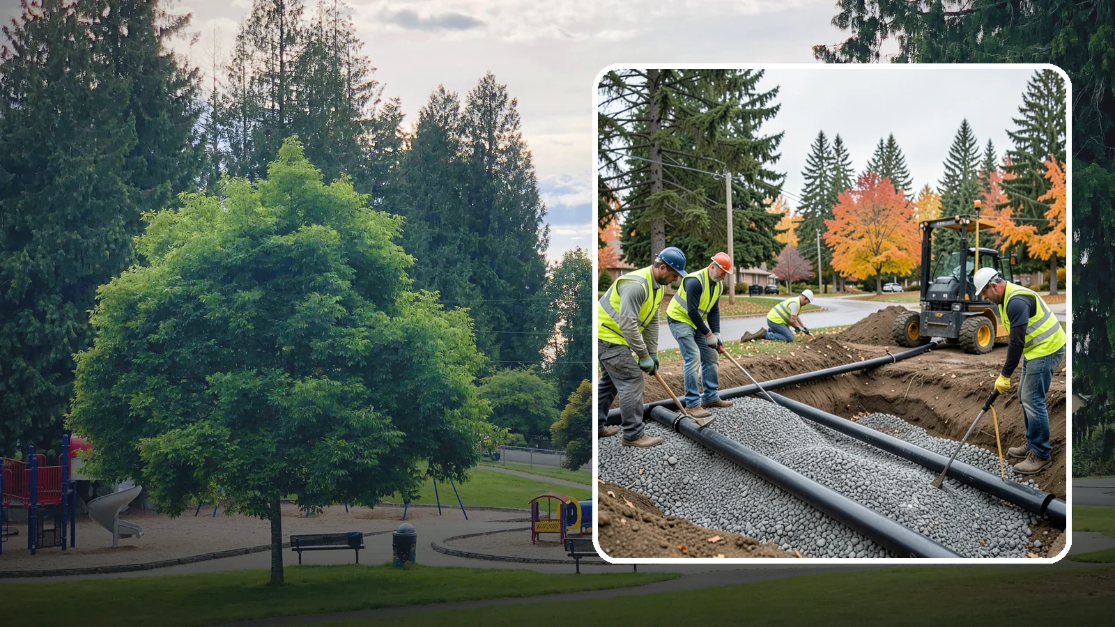 French Drain Installation in Bonney Lake, Pierce County, WA - French drain installation that intercepts and redirects subsurface water away from municipal infrastructure and problem areas.