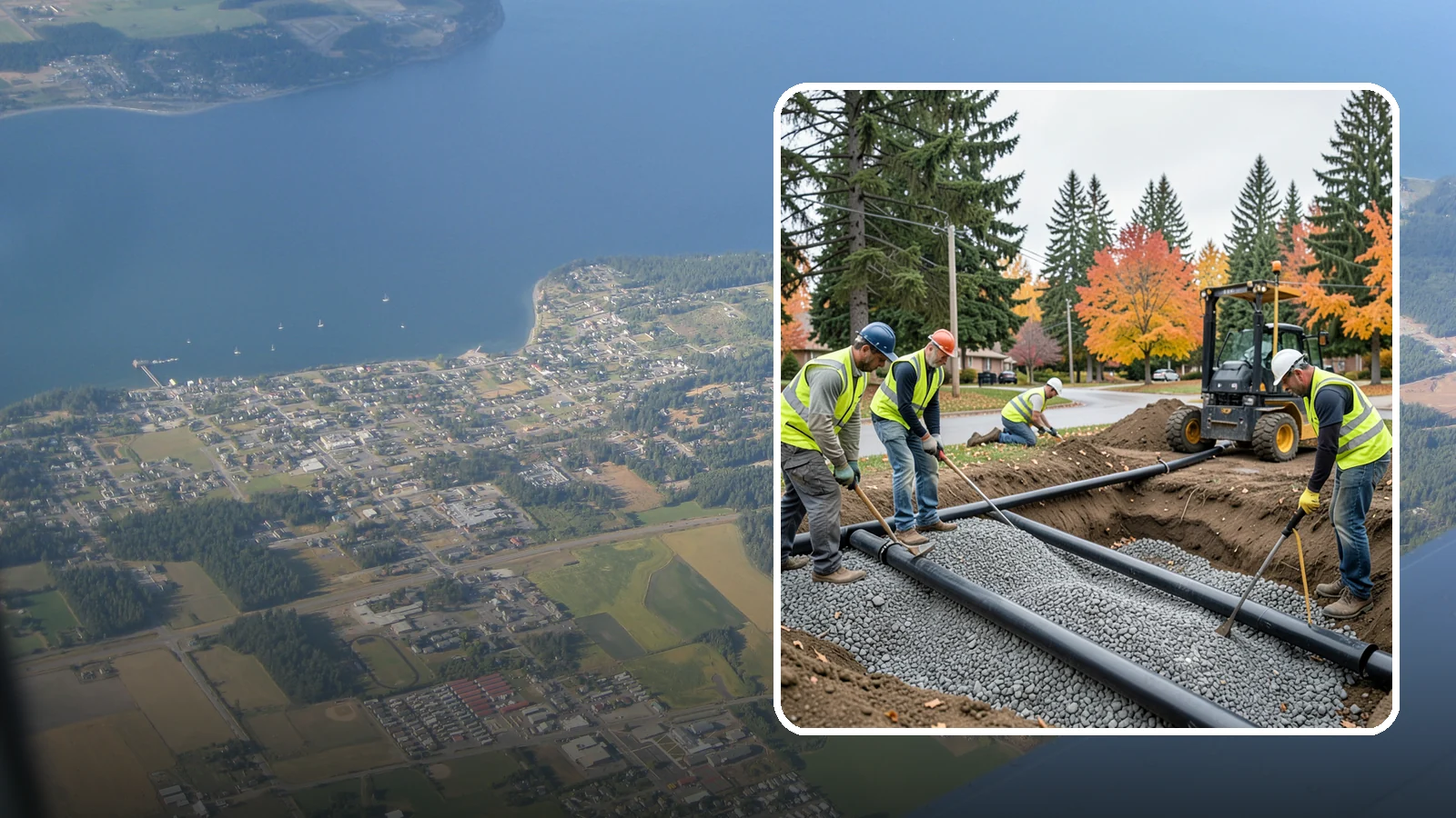 French Drain Installation in Coupeville, Island County, WA - French drain installation that intercepts and redirects subsurface water away from municipal infrastructure and problem areas.