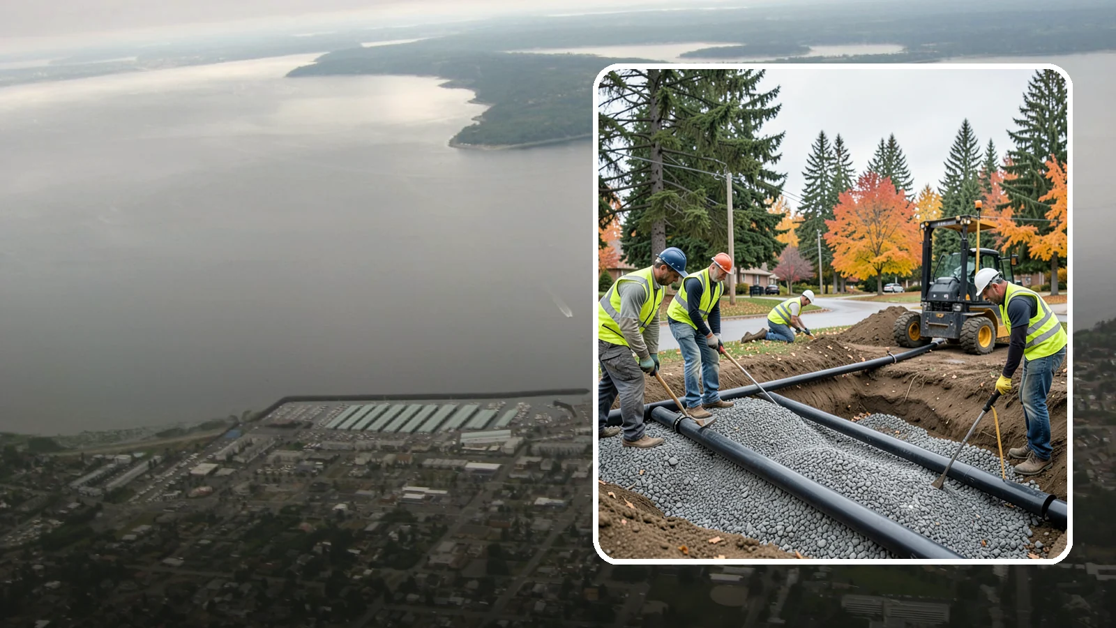 French Drain Installation in Des Moines, King County, WA - French drain installation that intercepts and redirects subsurface water away from municipal infrastructure and problem areas.
