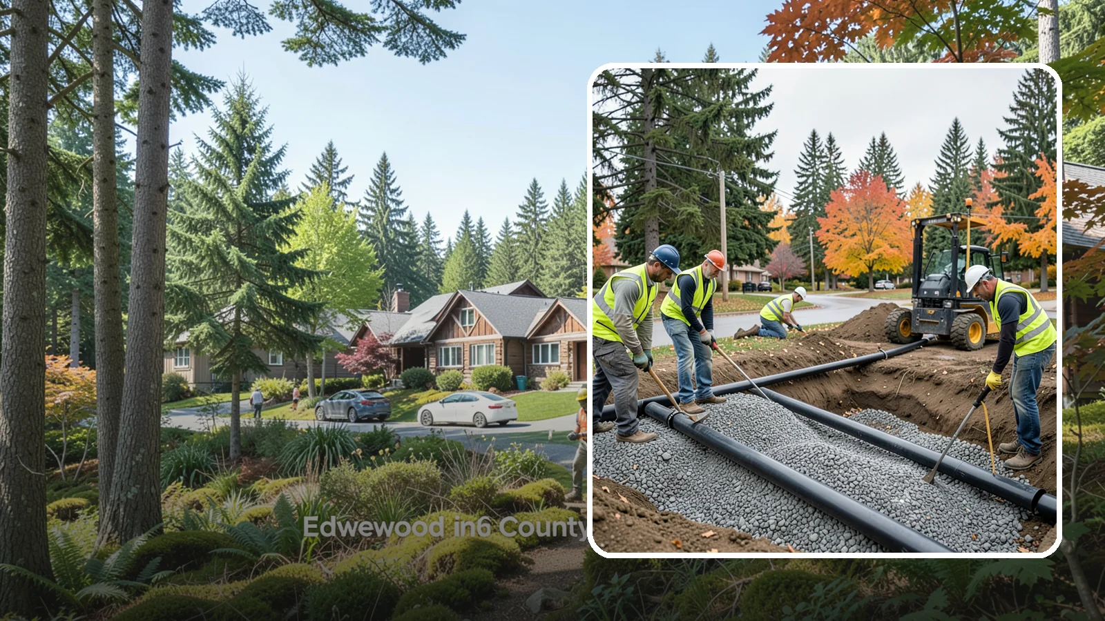 French Drain Installation in Edgewood, Pierce County, WA - French drain installation that intercepts and redirects subsurface water away from municipal infrastructure and problem areas.